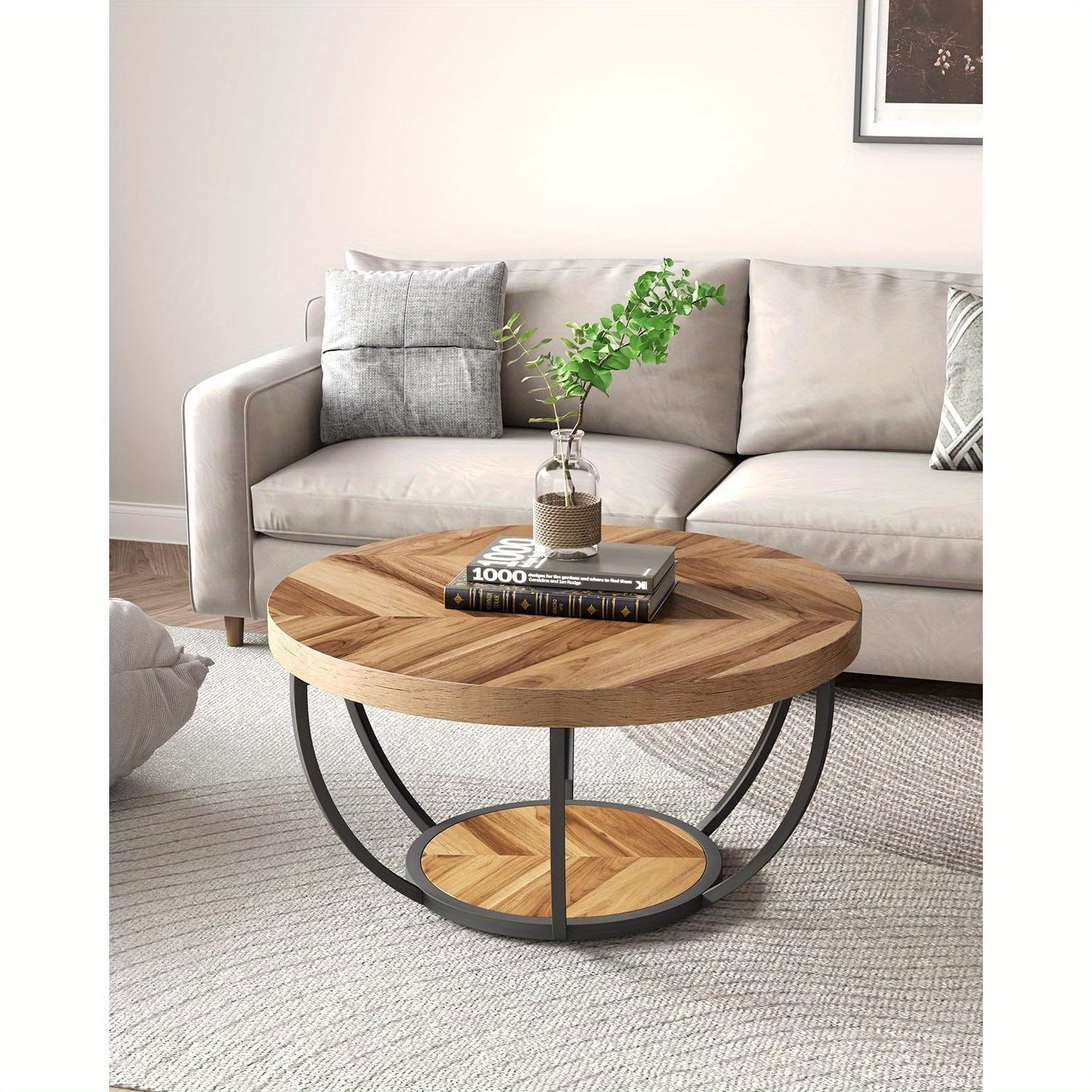 Round Coffee Table, 82cm Circle Coffee Table For Living Room, 2-Tier Wood Accent Center Table With Open Storage Modern Design Home Furniture (Wood Grain And Black)