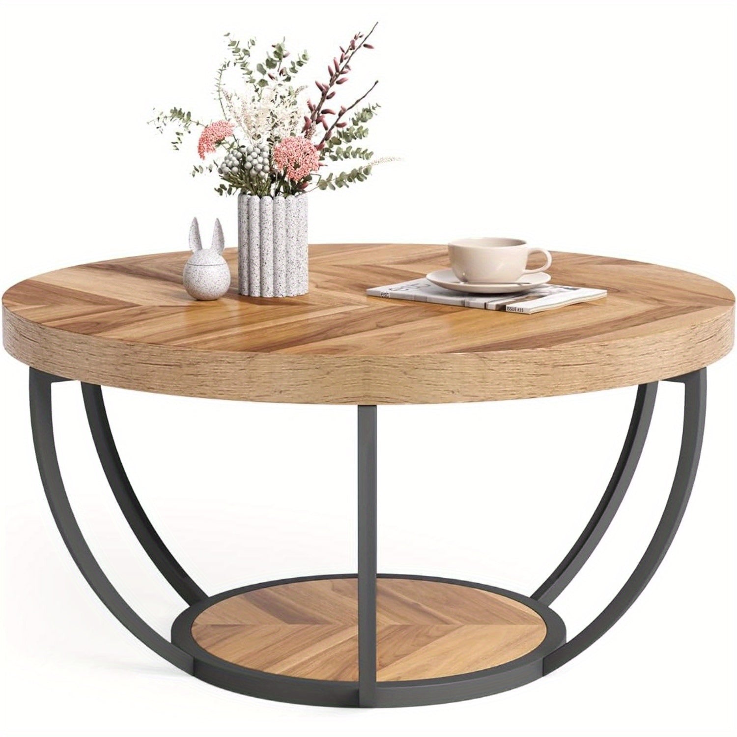 Round Coffee Table, 82cm Circle Coffee Table For Living Room, 2-Tier Wood Accent Center Table With Open Storage Modern Design Home Furniture (Wood Grain And Black)