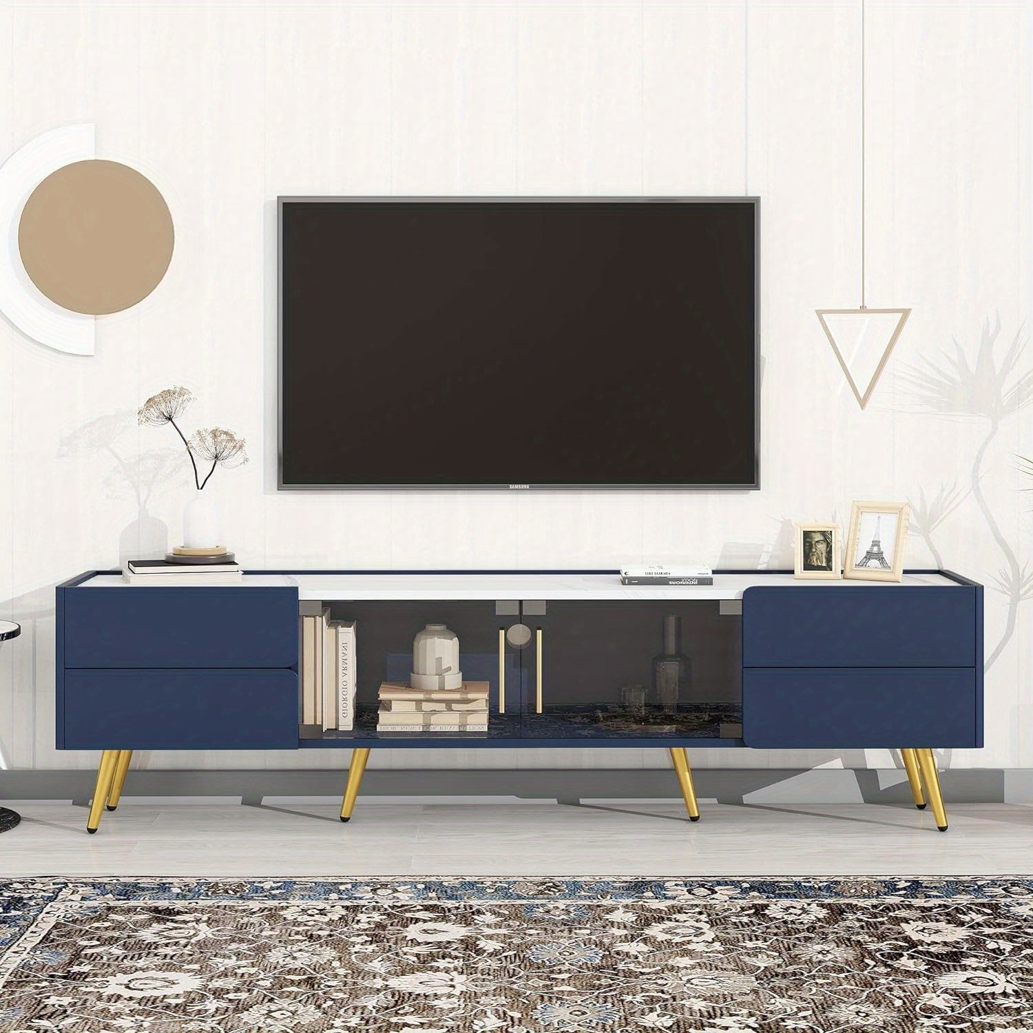 Modern TV Stand for Televisions up to 80 Inches, Entertainment Center with Storage Drawers and Glass Door Cabinet, Marble-patterned Top Media Console Table &amp; Metal Legs for Living Room, Blue