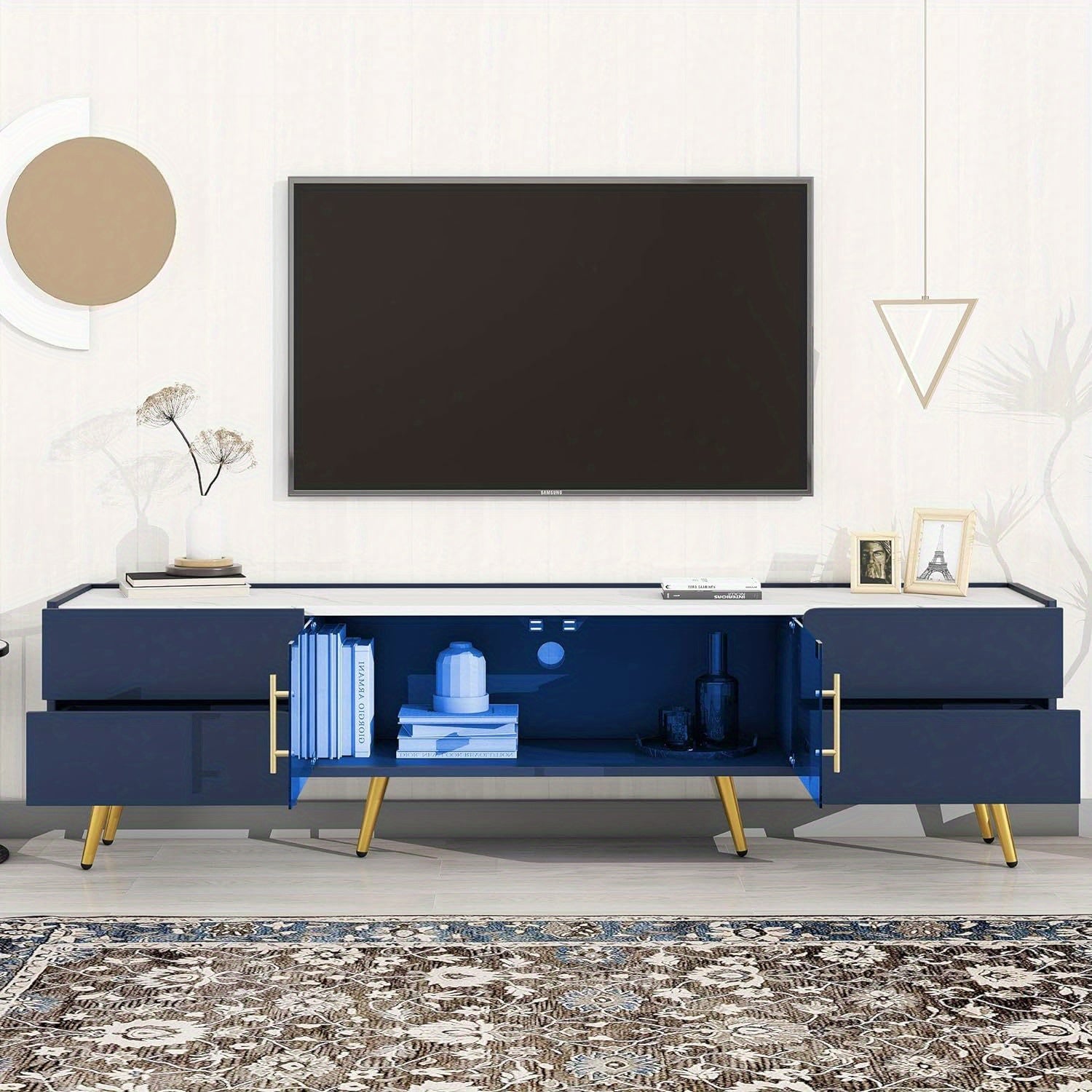 Modern TV Stand for Televisions up to 80 Inches, Entertainment Center with Storage Drawers and Glass Door Cabinet, Marble-patterned Top Media Console Table &amp; Metal Legs for Living Room, Blue