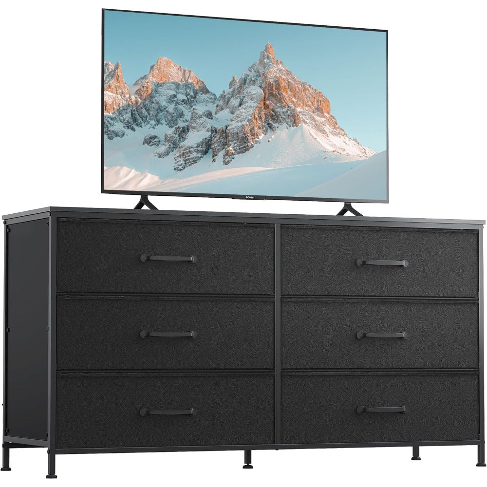 Wide Fabric Dresser, 6 Drawer Dresser TV Stand for 60" TV, Dressers Bedroom Furniture Large Storage Tower Unit with Fabric Bins, Black Dresser for Bedroom, Closet, Hallway, Black