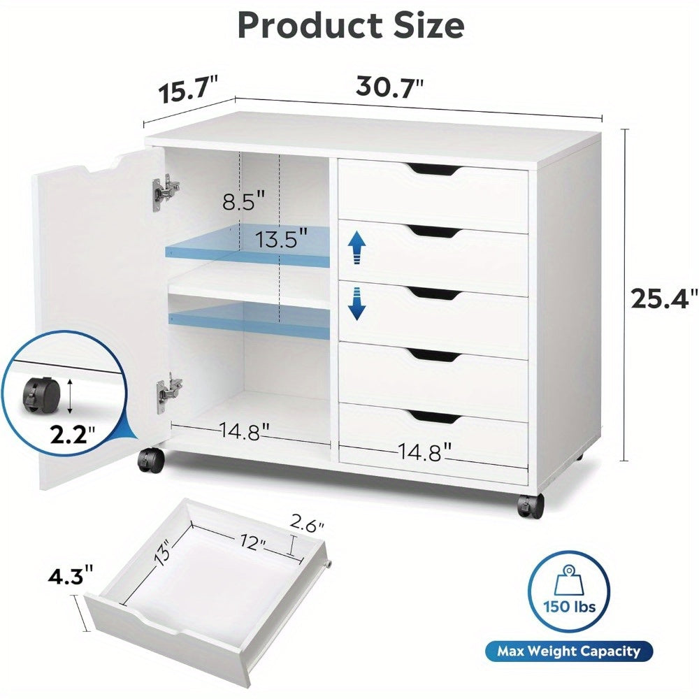 5-Drawer Wood Dresser Chest with Door, Mobile Storage Cabinet, Printer Stand for Home Office
