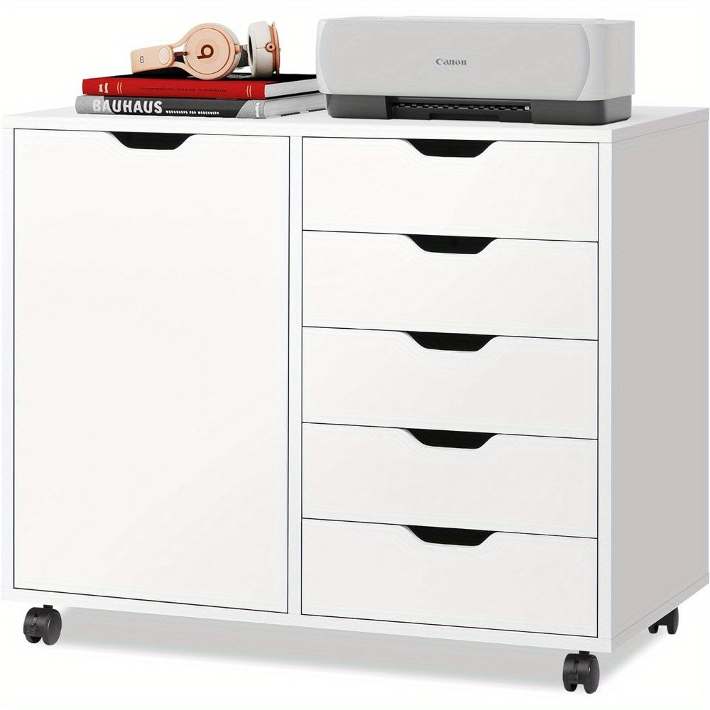 5-Drawer Wood Dresser Chest with Door, Mobile Storage Cabinet, Printer Stand for Home Office