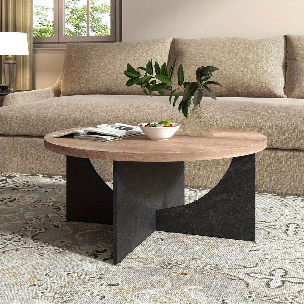 Round Coffee Table, 89cm Center Table for Living Room, Modern Circle Retro Accent Table with Drawer, Sofa Side Table with Black Semi-Circular Cross Base for Home, Bedroom, Office