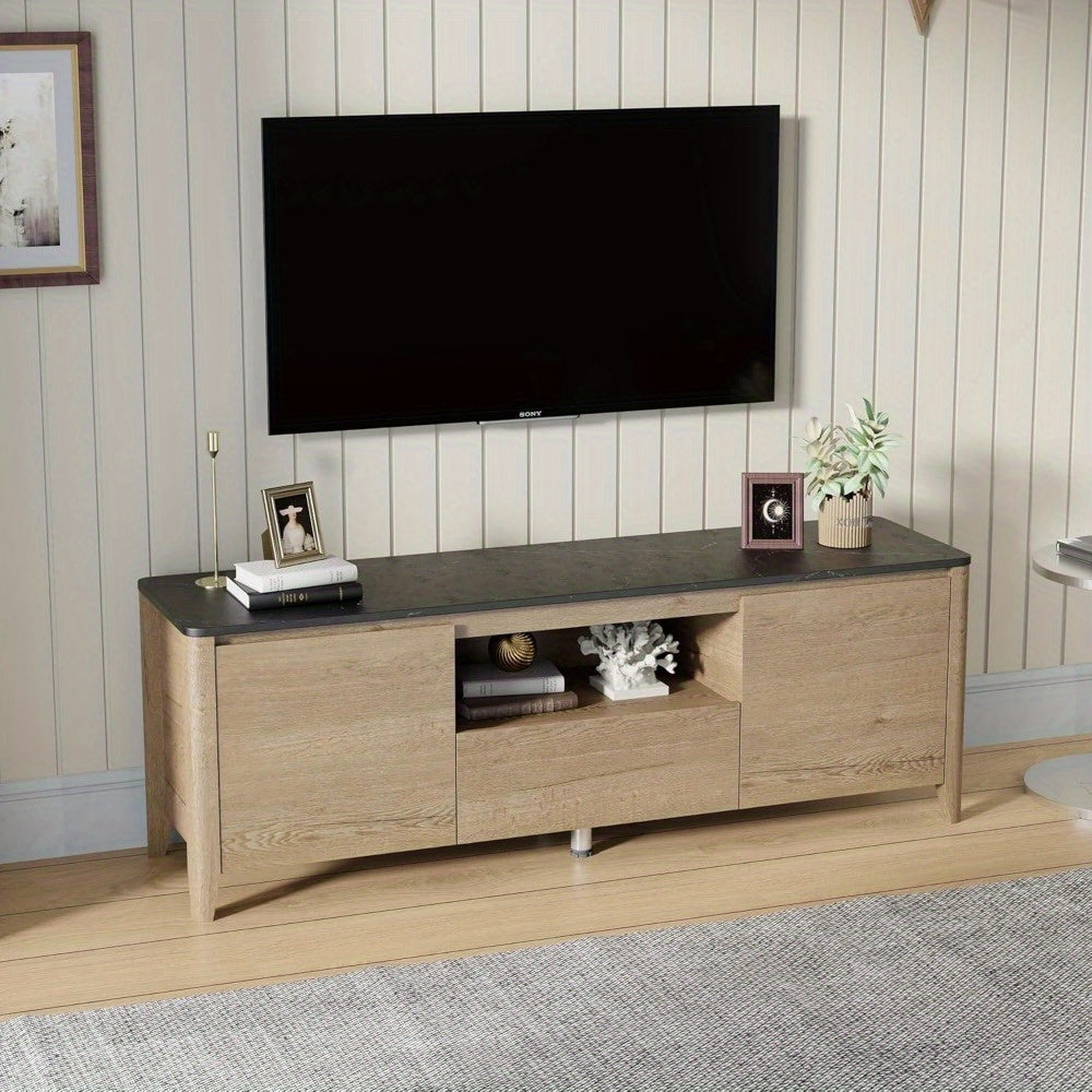 White Marble Top Scandinavian TV Stand Fit for 55/ 60/ 65 inch TVs, TV Entertainment Center 58 inch with Drawer and Cabinets Media Console for Living Room and Bedroom