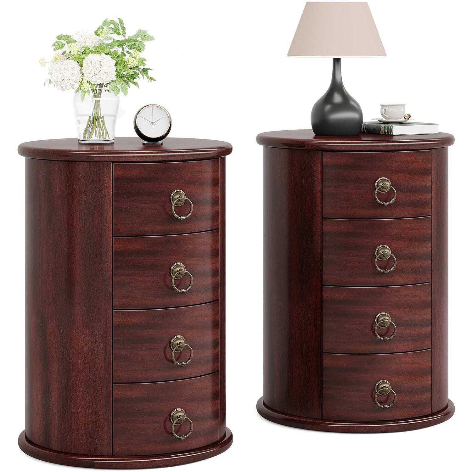 Solid Wood Nightstand, Round Night Stand with 4 Drawers, Rustic Bedside Table Tall Nightstand for Bedroom, Living Room, No Assembly Required (1)