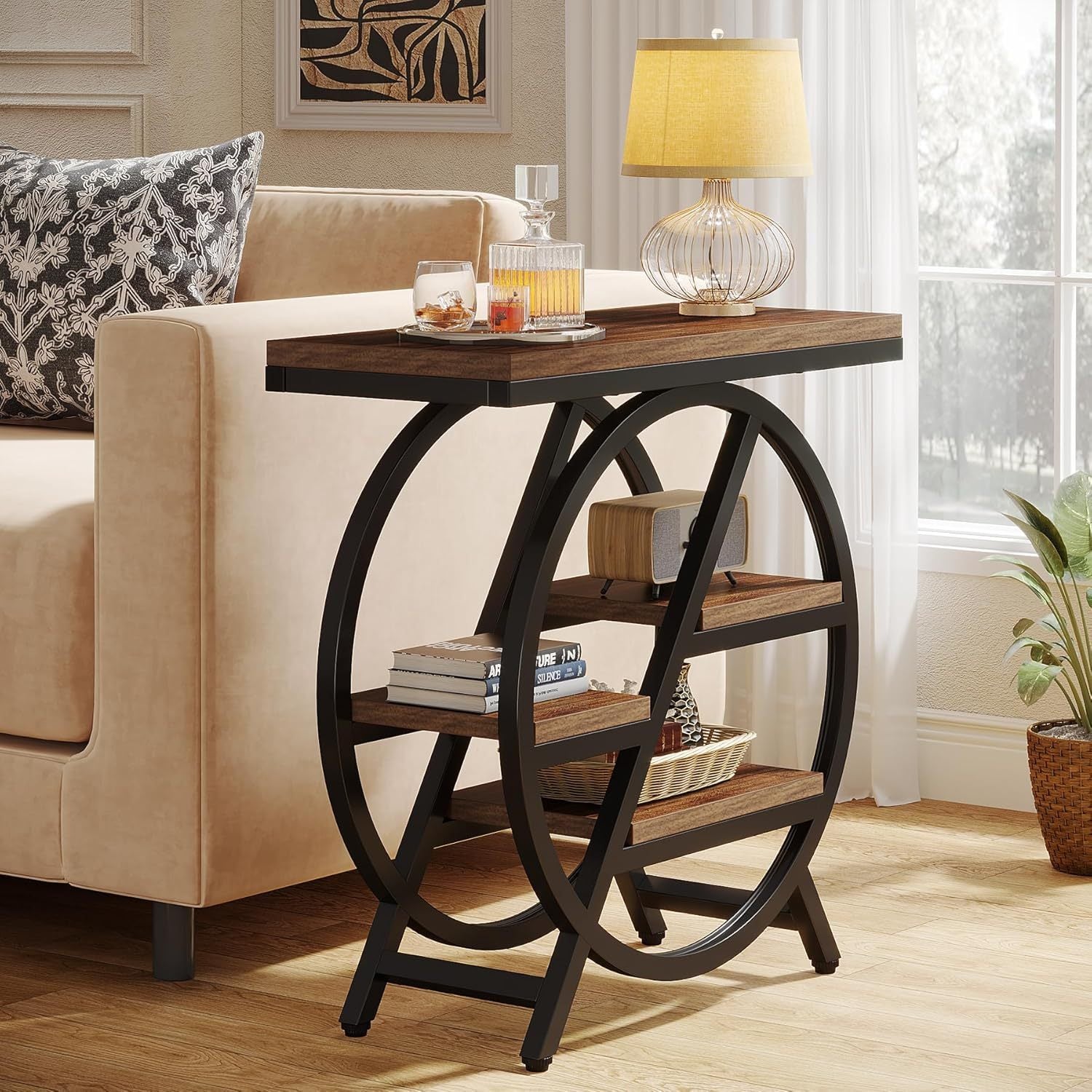 End Table for Living Room, 3-Tier Narrow Side Table with Storage, Wood Sofa Side Table with Geometric Metal Frame, Industrial Nightstand and Bedside Table for Bedroom