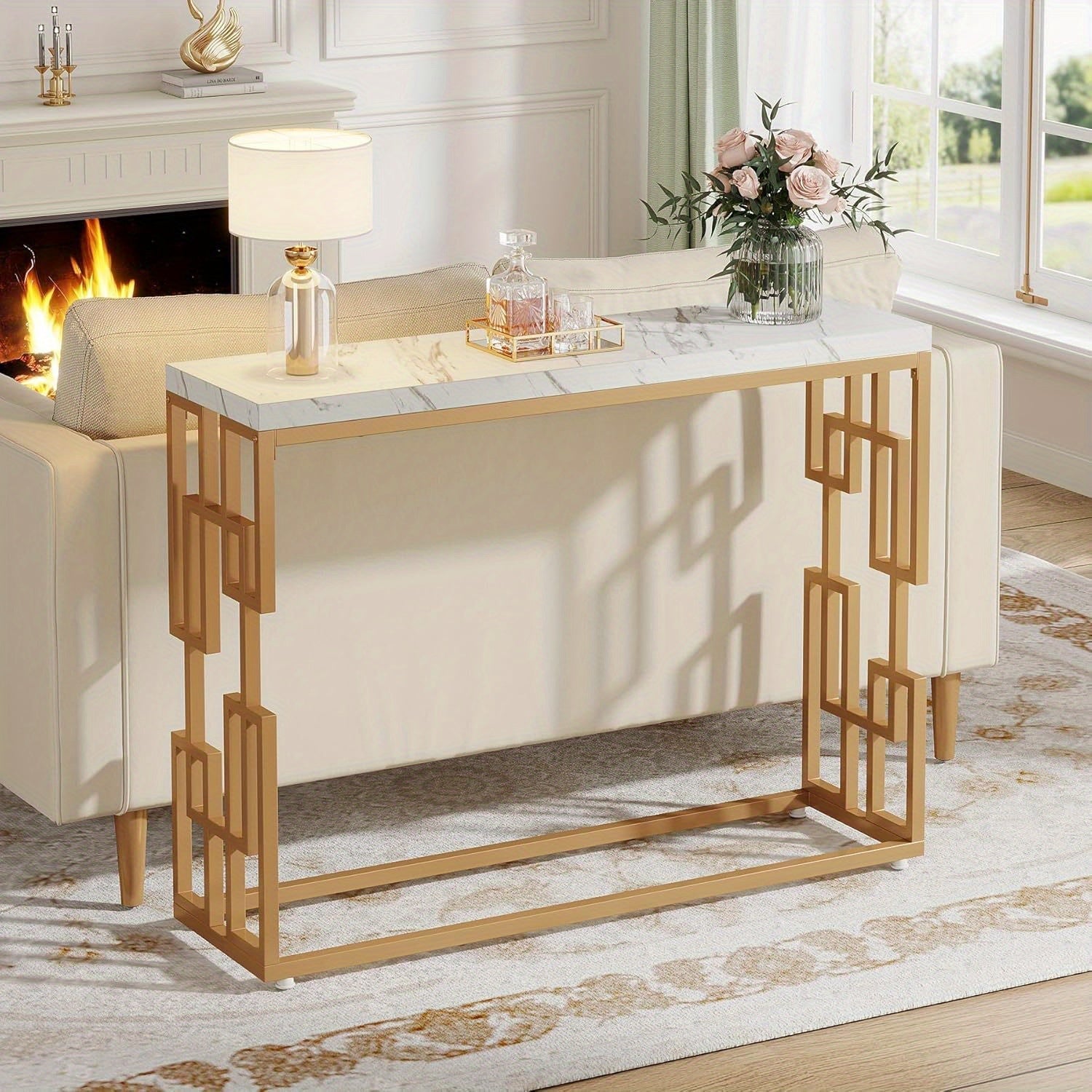 108 cm Golden Console Table, Modern Sofa Table for Entryway/Living Room, White Faux Marble Top with Golden Metal Legs, Easy Assembly