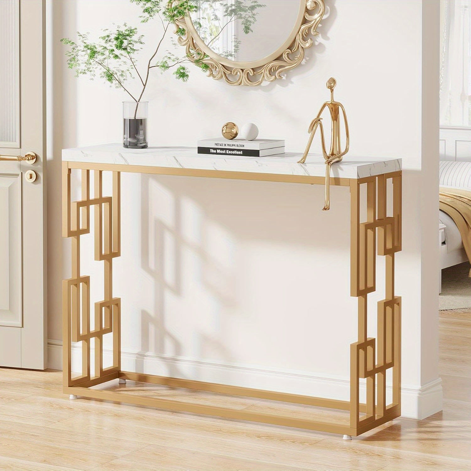 108 cm Golden Console Table, Modern Sofa Table for Entryway/Living Room, White Faux Marble Top with Golden Metal Legs, Easy Assembly