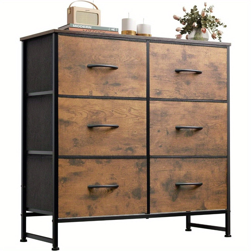 Fabric Dresser for Bedroom, 6 Drawer Double Dresser, Storage Tower with Fabric Bins, Chest of Drawers for Closet, Living Room, Hallway, Rustic Brown Wood Grain Print