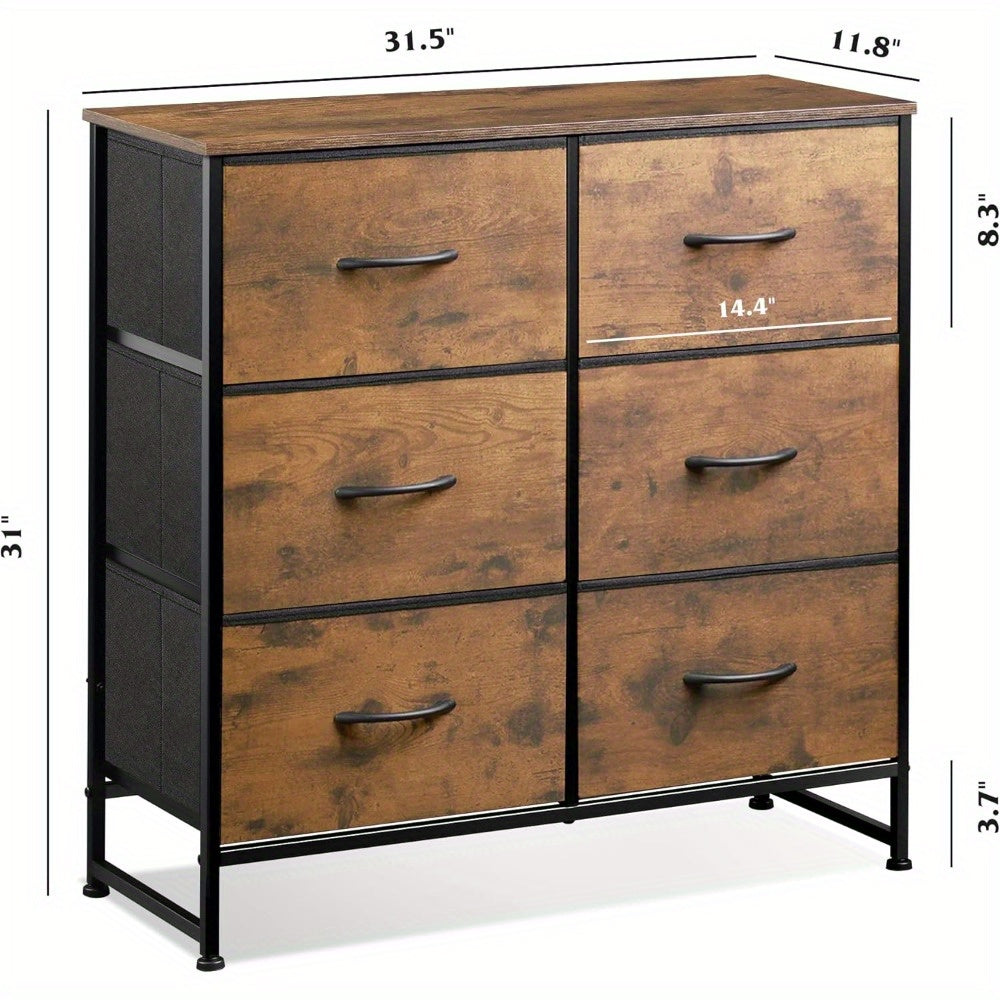 Fabric Dresser for Bedroom, 6 Drawer Double Dresser, Storage Tower with Fabric Bins, Chest of Drawers for Closet, Living Room, Hallway, Rustic Brown Wood Grain Print