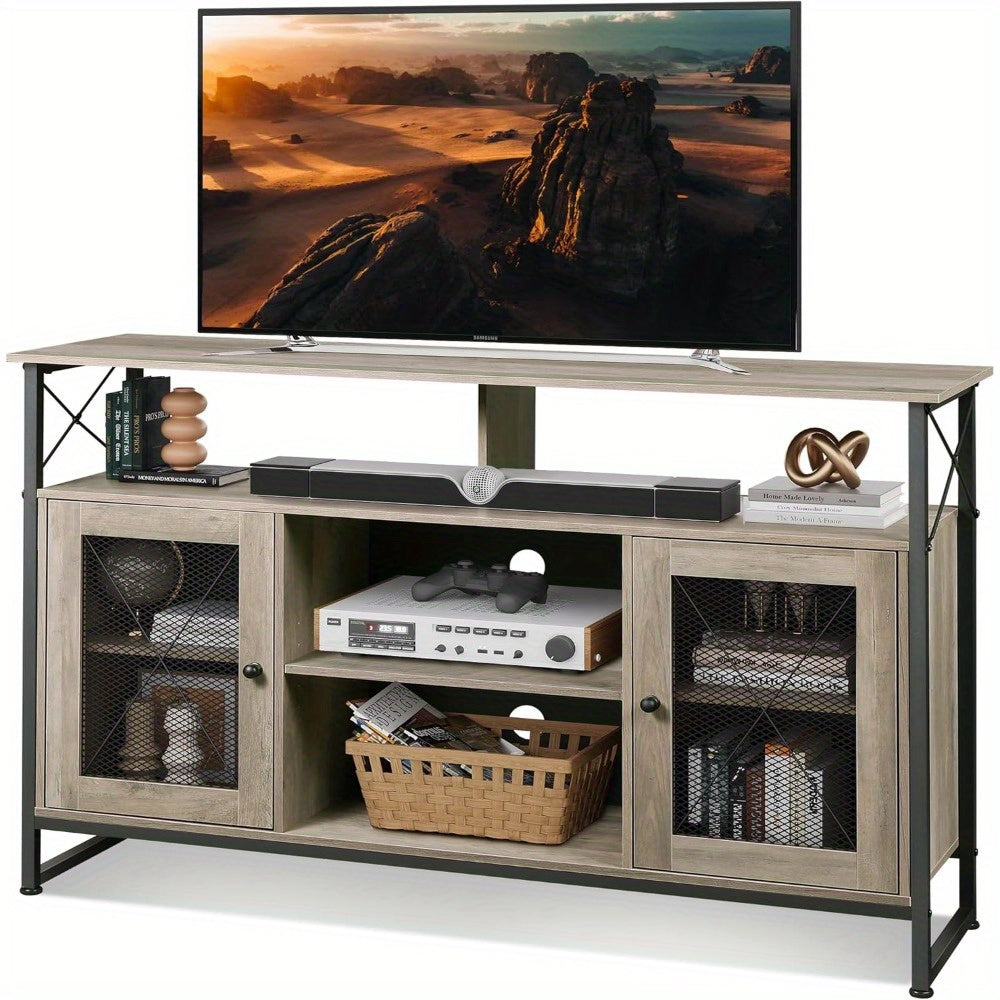 TV Stand 140cm TV, Tall Entertainment Center with Storage, Farmhouse Industrial TV Console for Bedroom Living Room, Rustic Brown