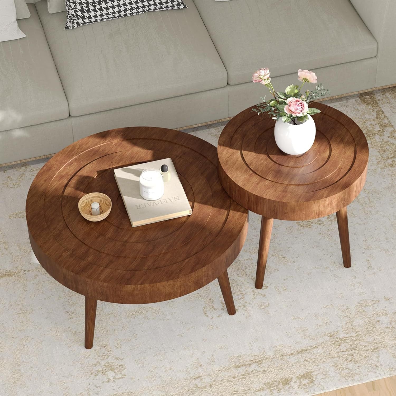 Coffee Table Round 2-Piece, Nesting Coffee Table with Concentric Circle Pattern, Wood Coffee Table Set for Living Room Bedroom, 31.5"x16" and 21.8"x20"