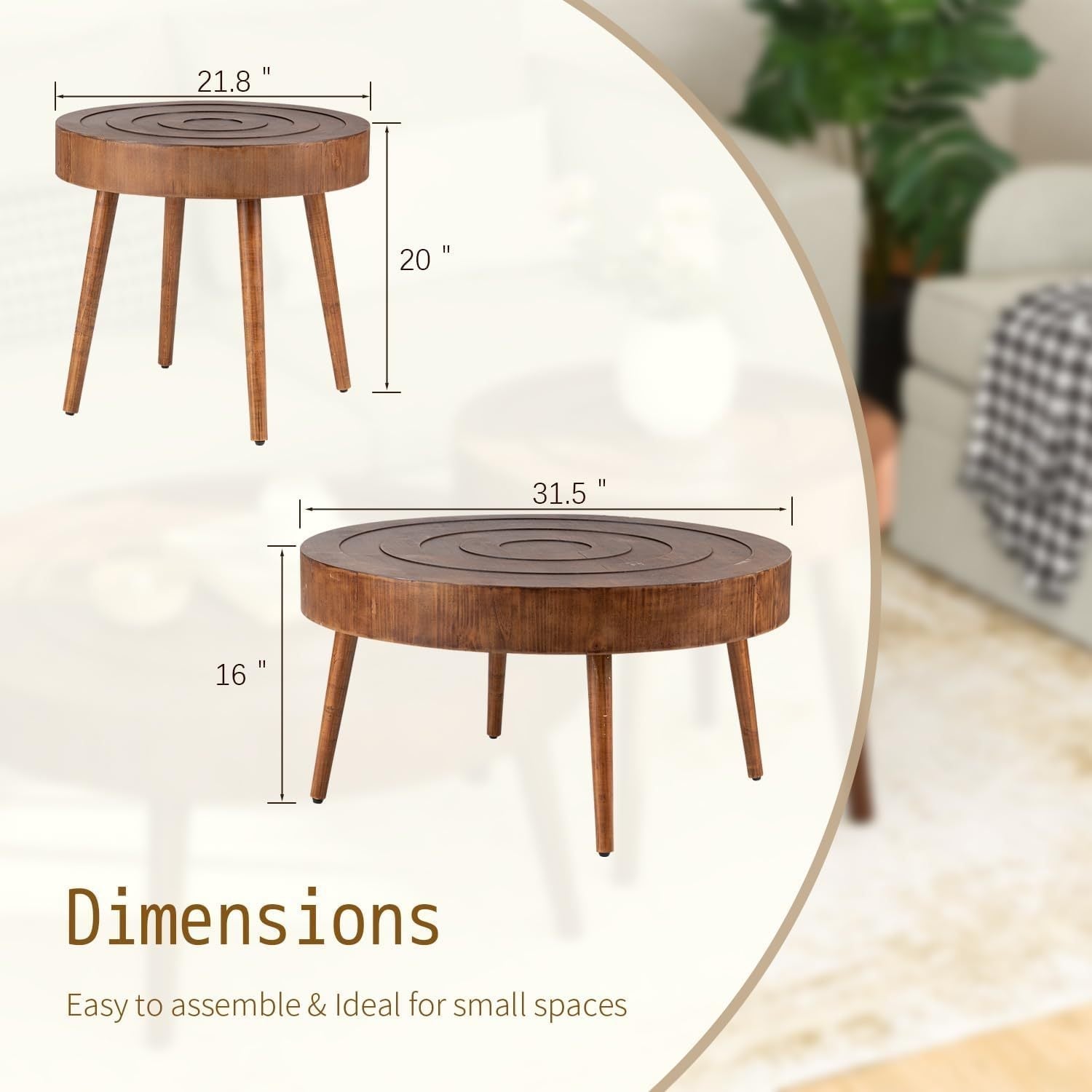 Coffee Table Round 2-Piece, Nesting Coffee Table with Concentric Circle Pattern, Wood Coffee Table Set for Living Room Bedroom, 31.5"x16" and 21.8"x20"