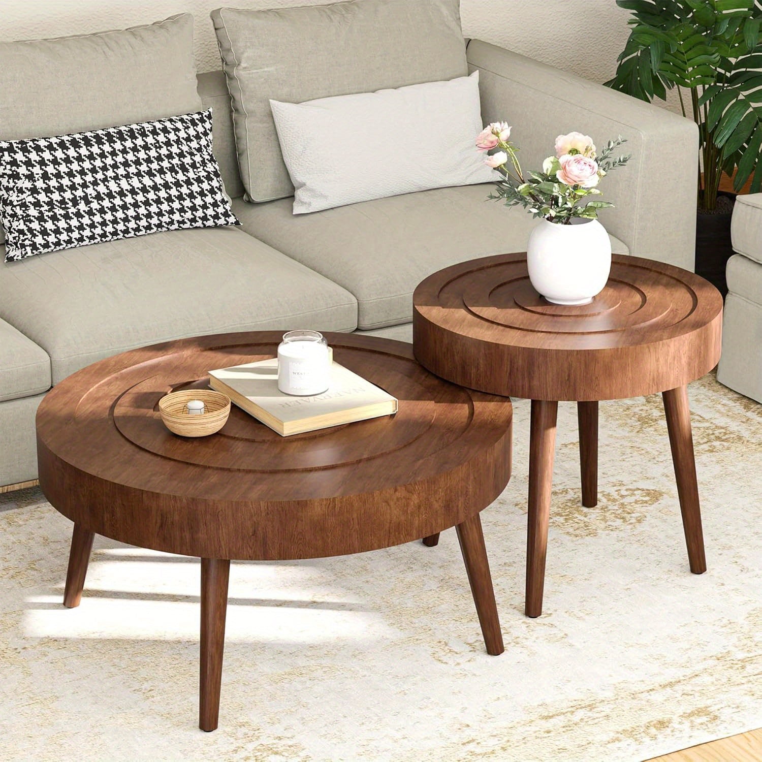 Coffee Table Round 2-Piece, Nesting Coffee Table with Concentric Circle Pattern, Wood Coffee Table Set for Living Room Bedroom, 31.5"x16" and 21.8"x20"