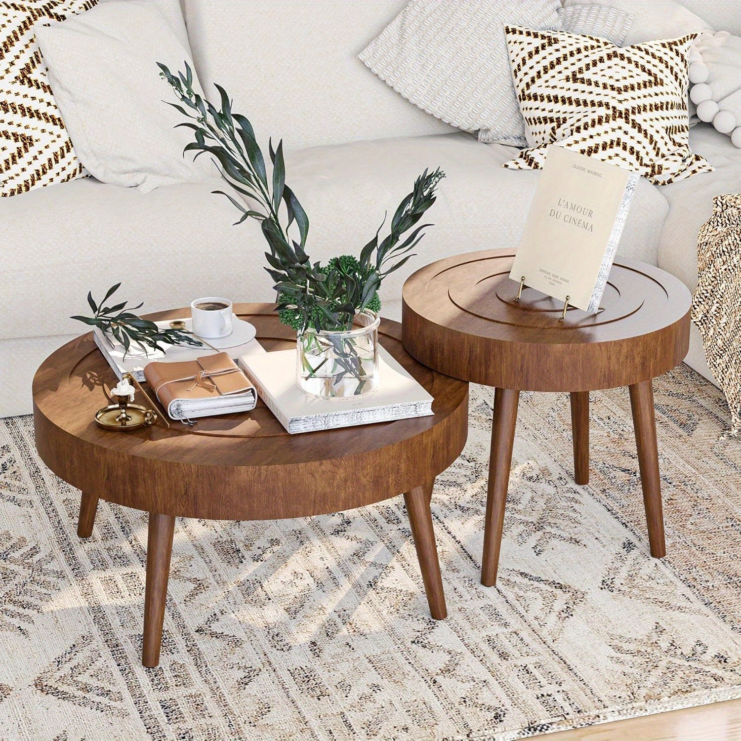 Coffee Table Round 2-Piece, Nesting Coffee Table with Concentric Circle Pattern, Wood Coffee Table Set for Living Room Bedroom, 31.5"x16" and 21.8"x20"