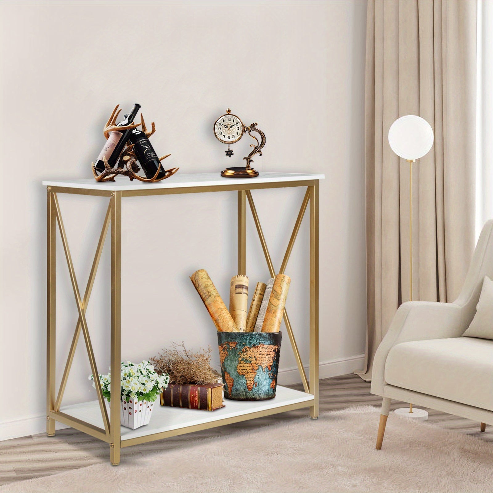 Golden Console Table, 2 Tier Entryway Table, Hallway Table, Narrow Sofa Table with Shelves, Entrance Table for Entryway (in cm)