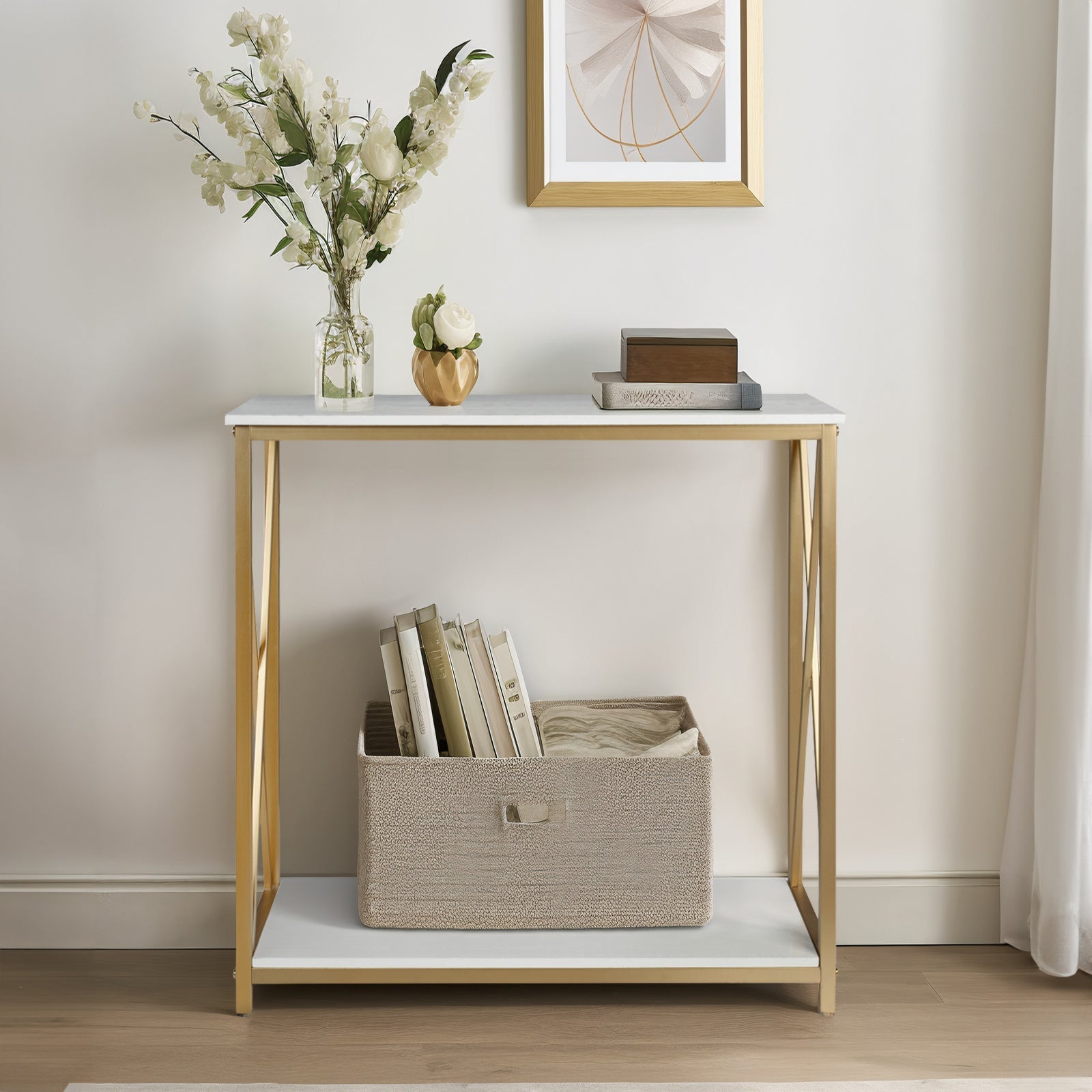 Golden Console Table, 2 Tier Entryway Table, Hallway Table, Narrow Sofa Table with Shelves, Entrance Table for Entryway (in cm)