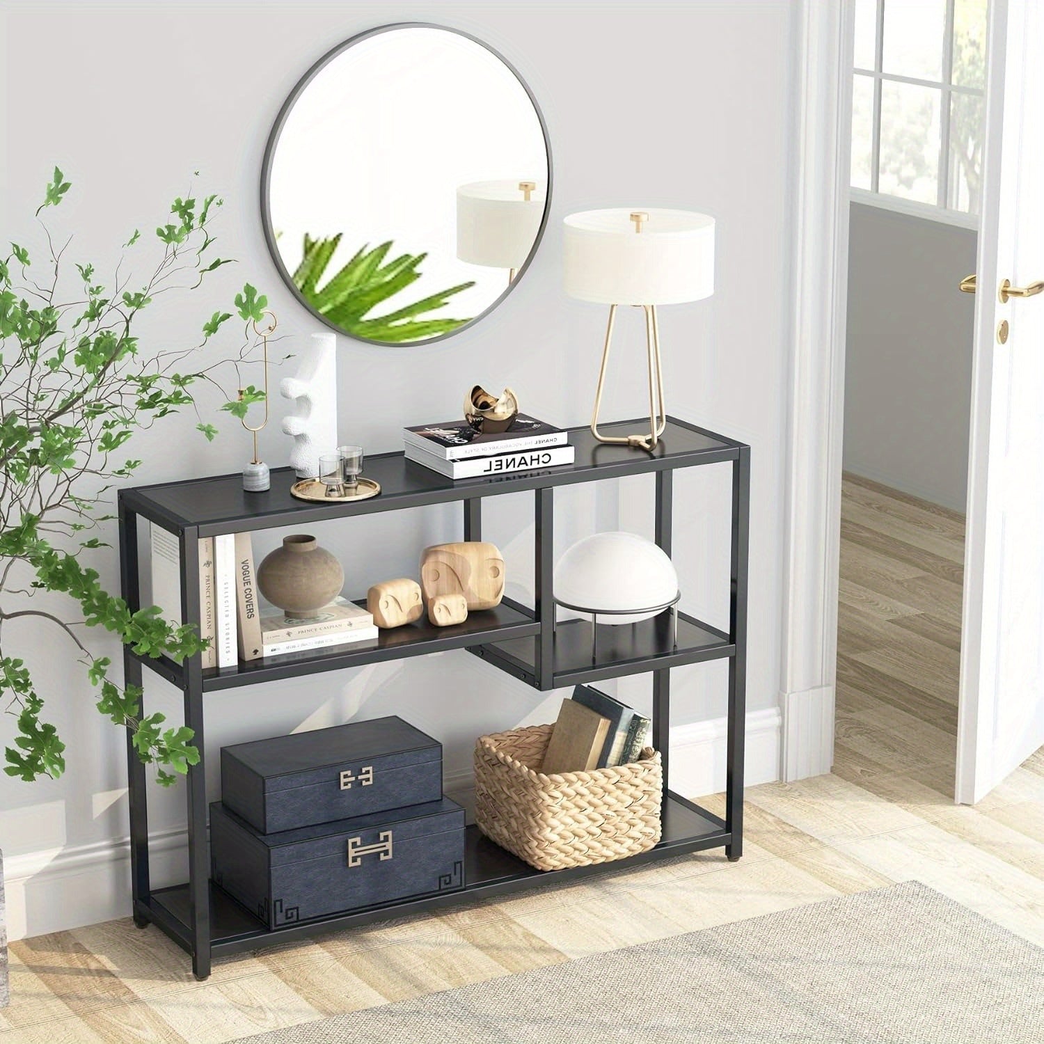 109 cm Black Console Table - Small Entryway Table with Storage, Vintage Living Room Hallway Foyer TV Stand