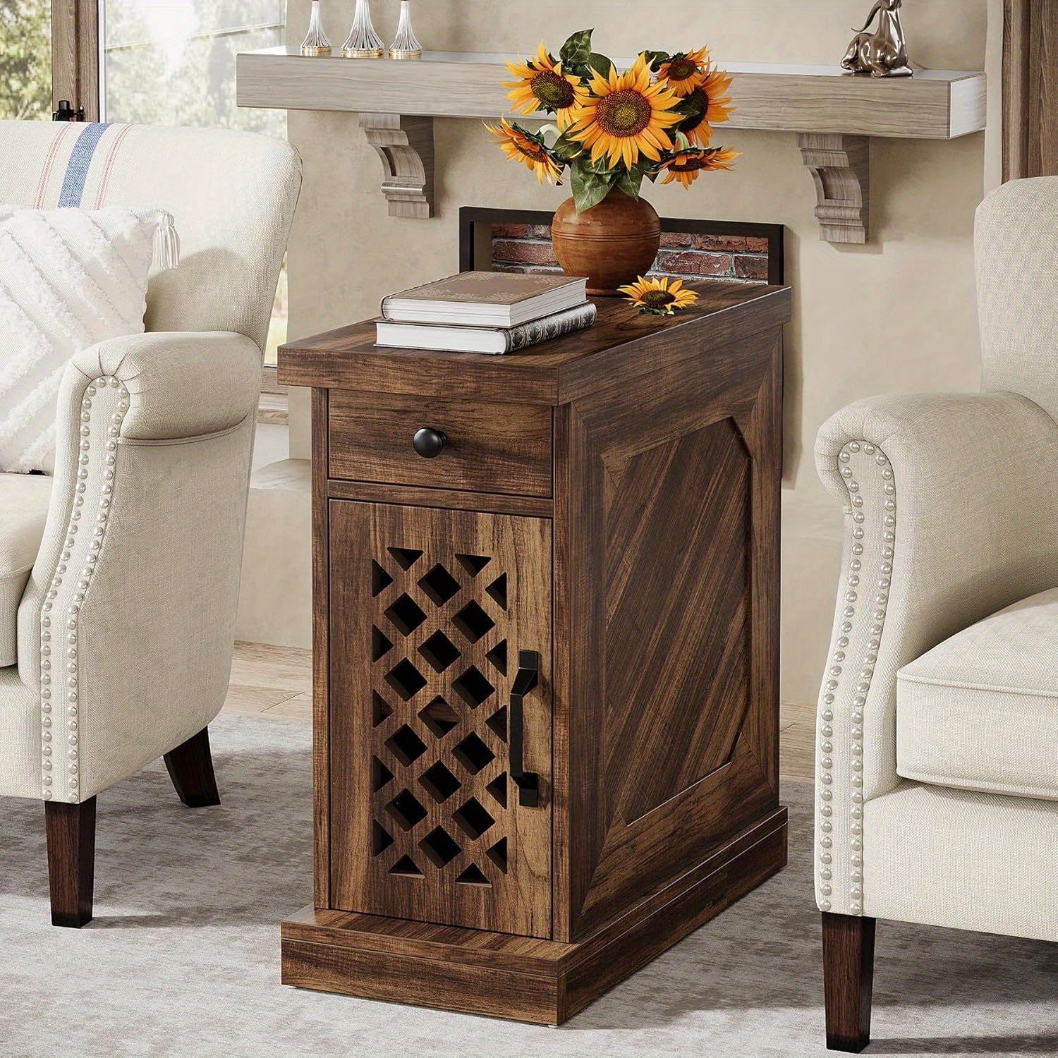 End Table, Narrow Side Table with Drawer and Cabinet, Farmhouse Nightstand End Table for Small Space, Living Room, Bedroom, Vintage Brown