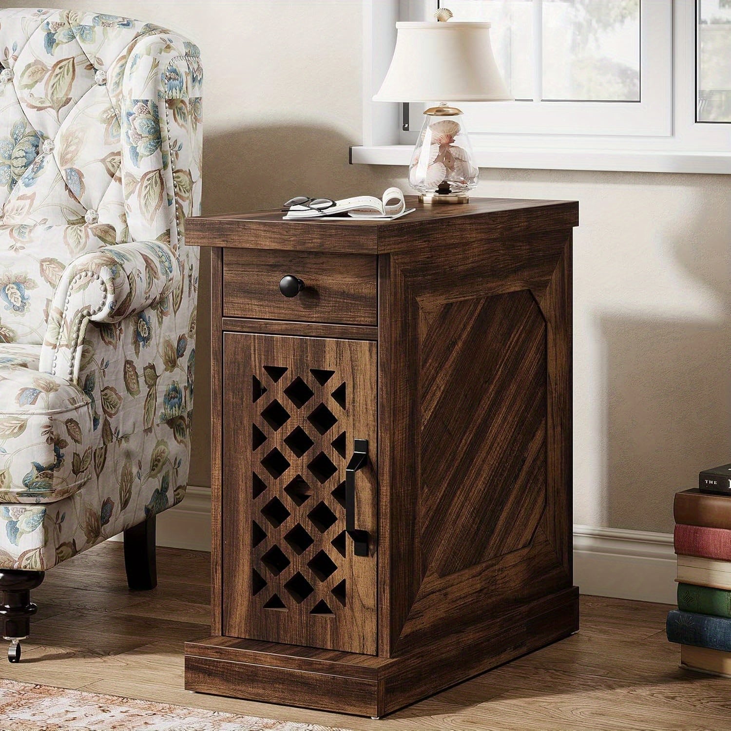 End Table, Narrow Side Table with Drawer and Cabinet, Farmhouse Nightstand End Table for Small Space, Living Room, Bedroom, Vintage Brown