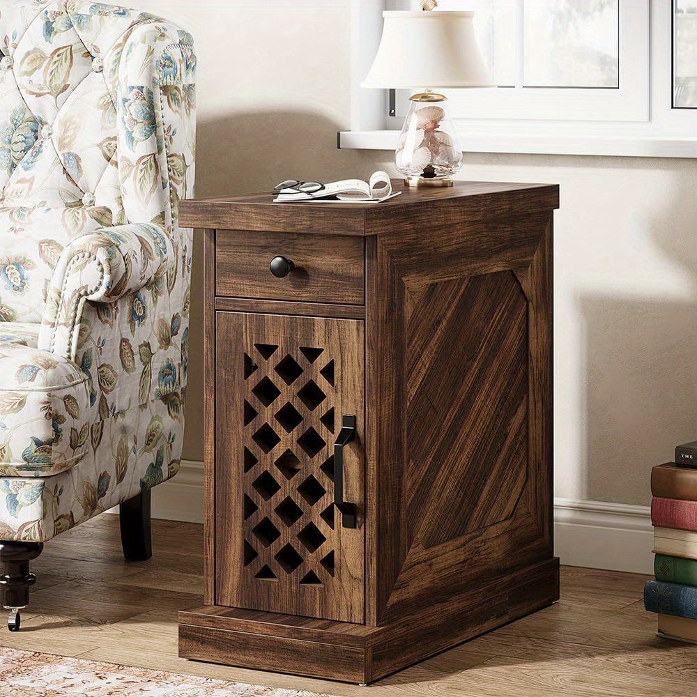 End Table, Narrow Side Table with Drawer and Cabinet, Farmhouse Nightstand End Table for Small Space, Living Room, Bedroom, Vintage Brown