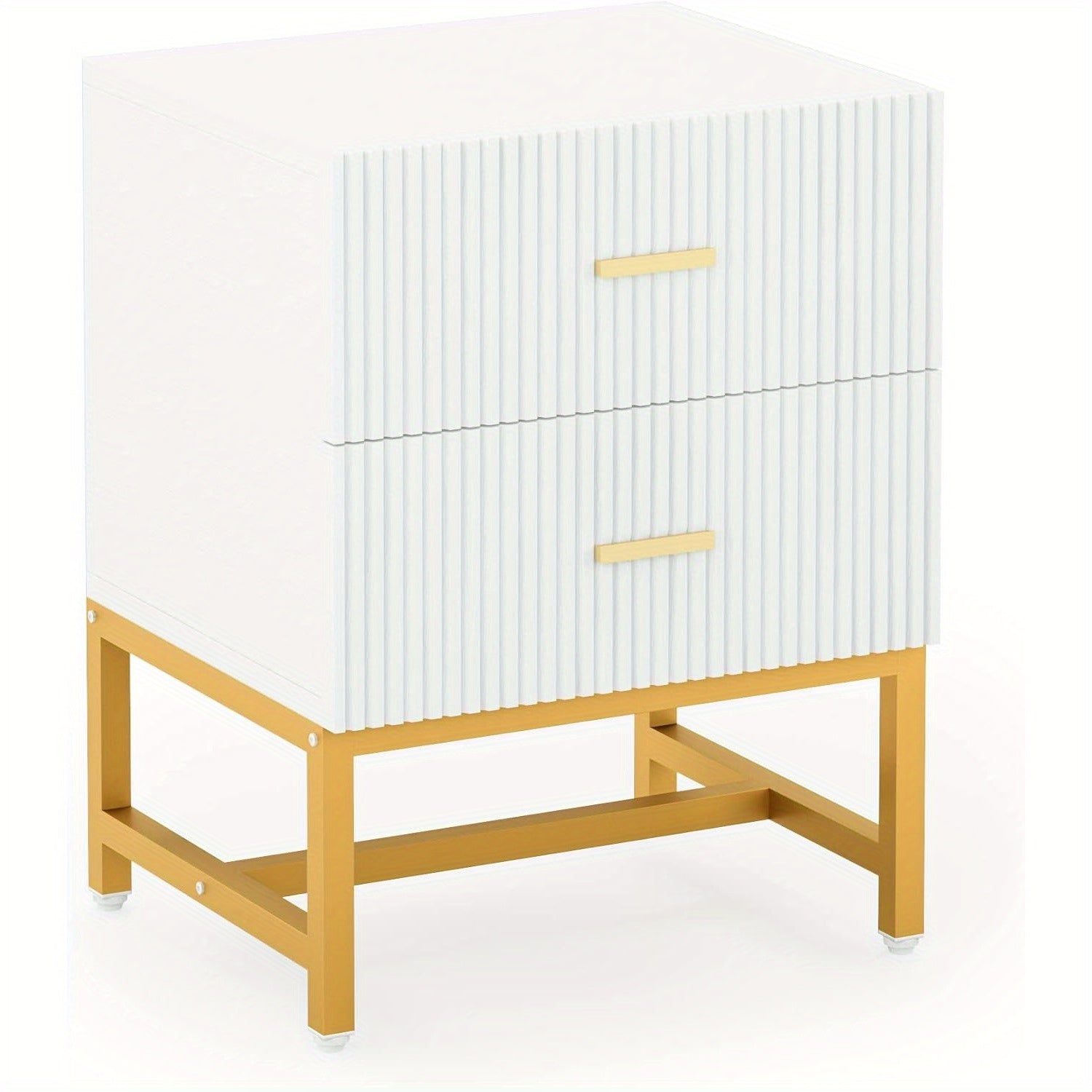 2-Drawer Modern Nightstand - Fluted Wood Bedside Table, Storage for Bedroom, Living Room - White