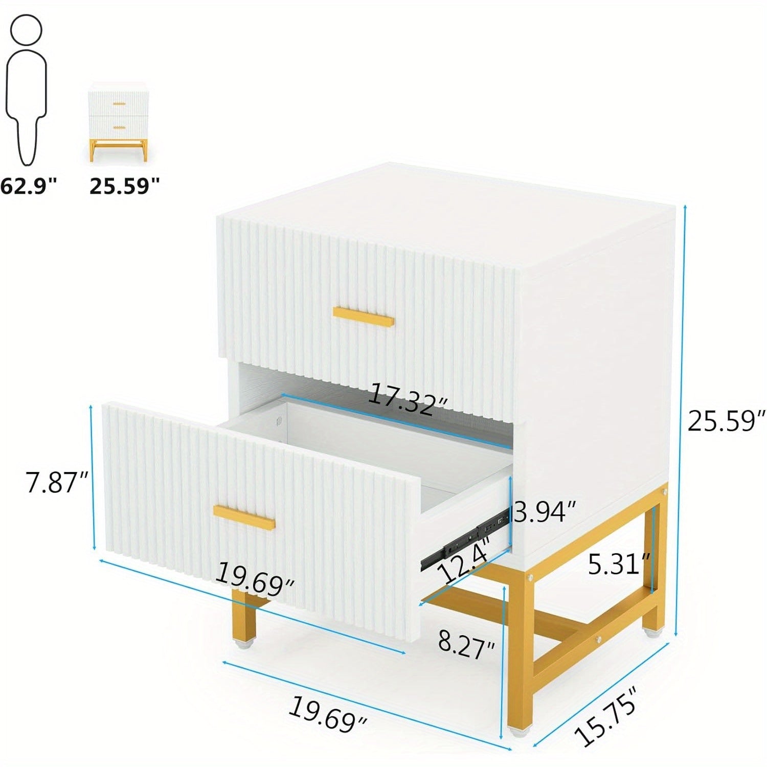 2-Drawer Modern Nightstand - Fluted Wood Bedside Table, Storage for Bedroom, Living Room - White