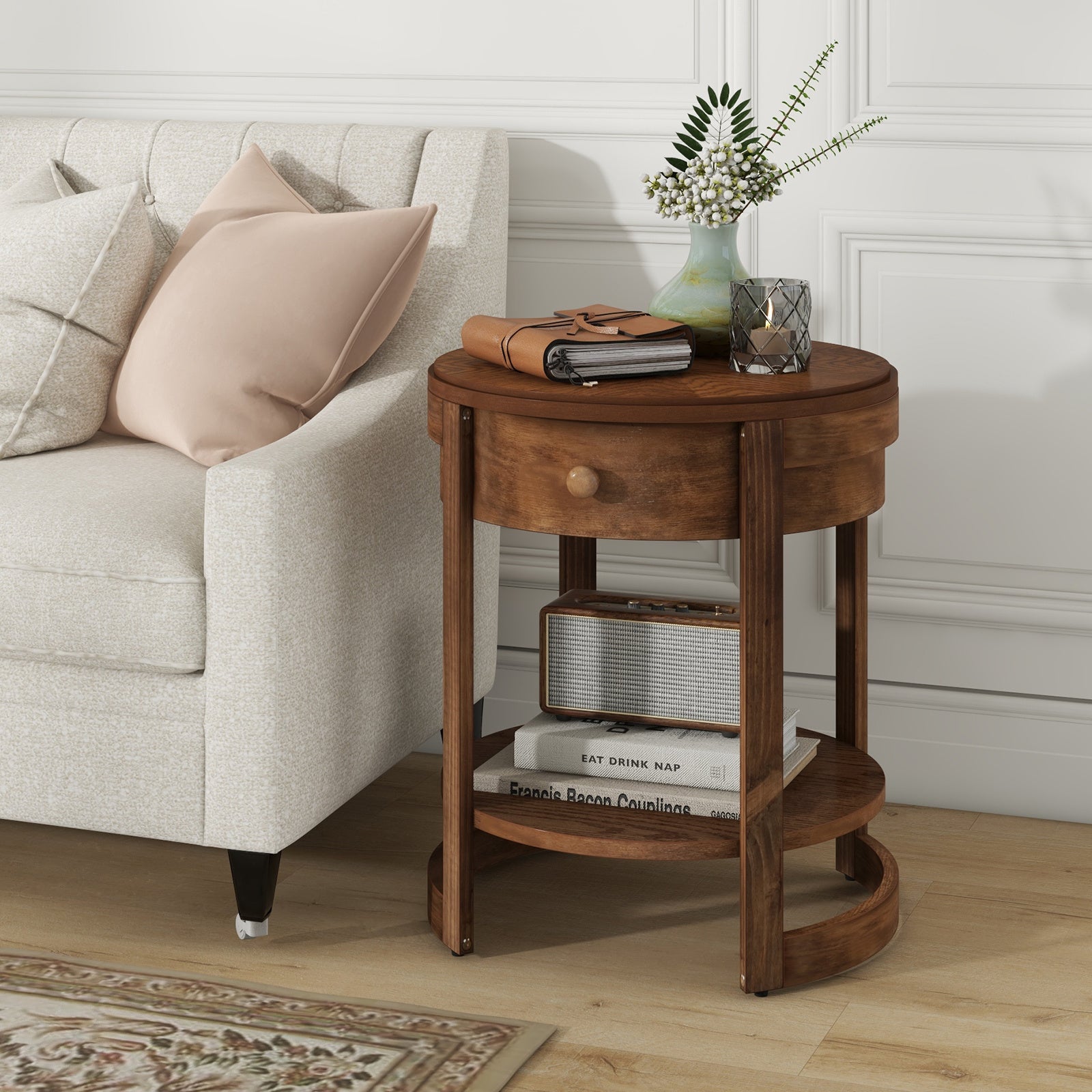 Round End Table, 2-tier Mid Century Modern Nightstand with Drawer & Shelf, Wooden Sofa Side Table with Antique Wood Grain Finish for Living Room Bedroom, Brown