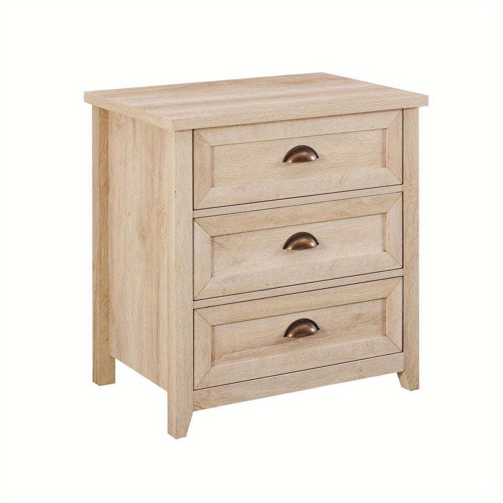 Transitional Farmhouse Framed 3-Drawer Nighstand with Cup Handles - White Oak