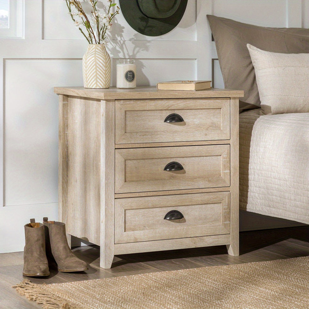 Transitional Farmhouse Framed 3-Drawer Nighstand with Cup Handles - White Oak