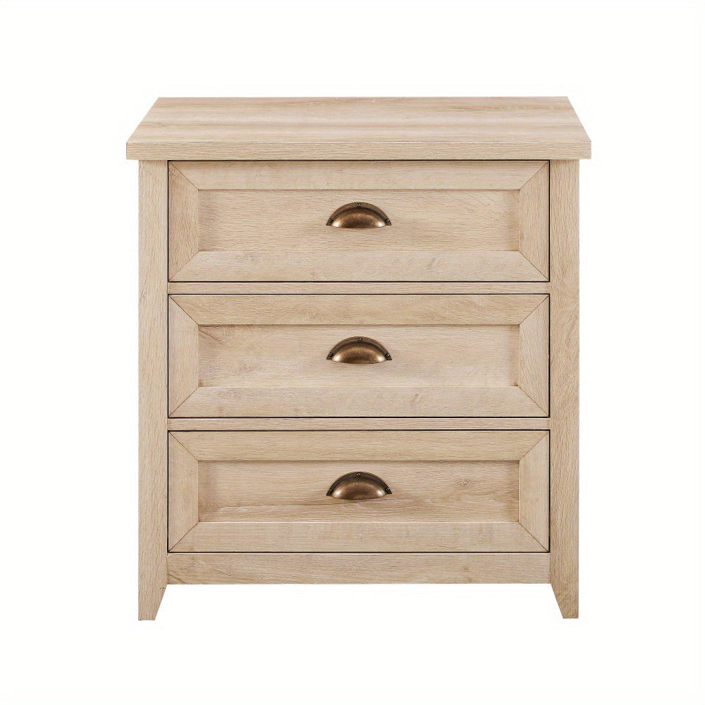 Transitional Farmhouse Framed 3-Drawer Nighstand with Cup Handles - White Oak