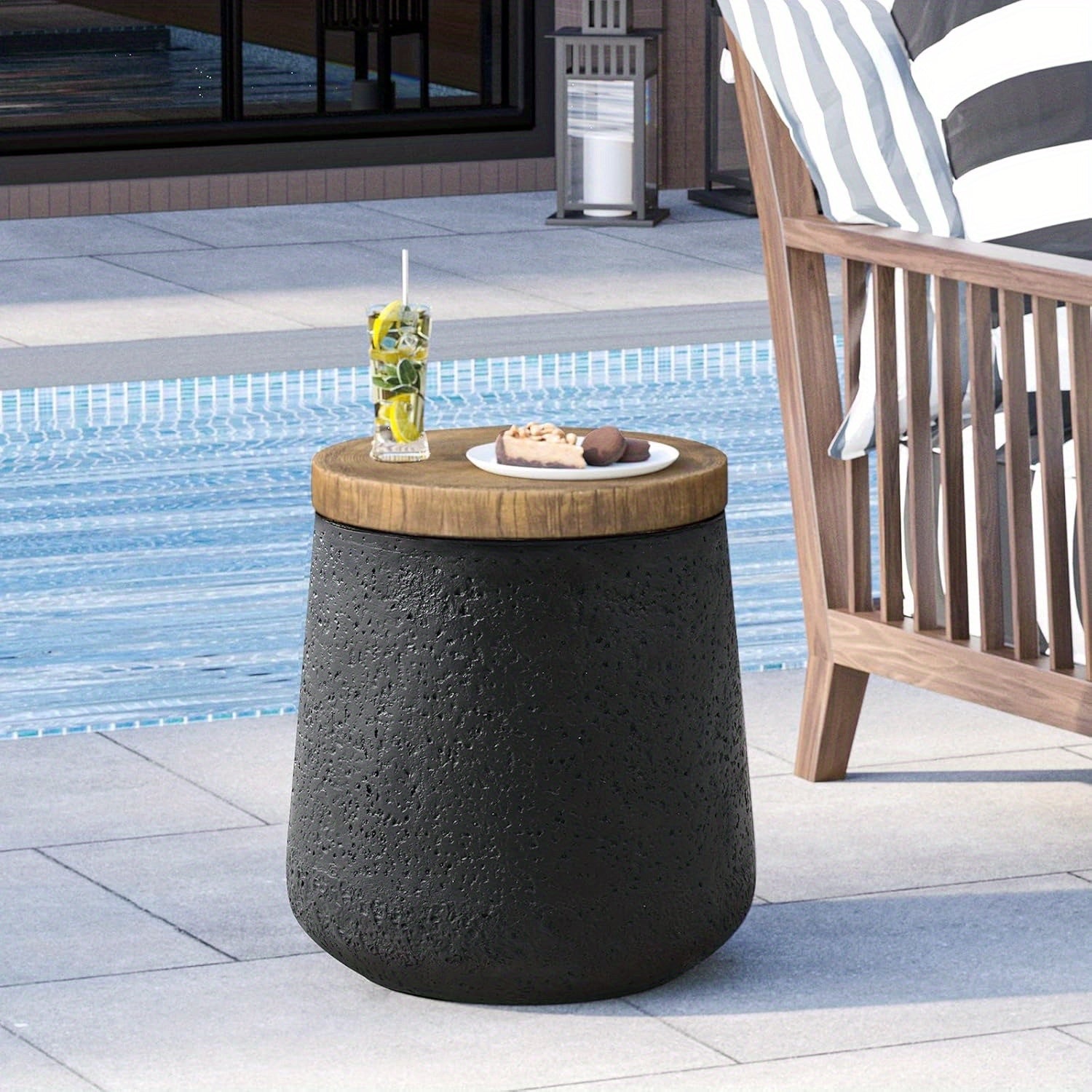 Black Cylinder-Shaped Concrete Side Table with Wood Grain Top, Waterproof Outdoor Patio End Table, 12.5" x 12.5" x 15, Outdoor Table