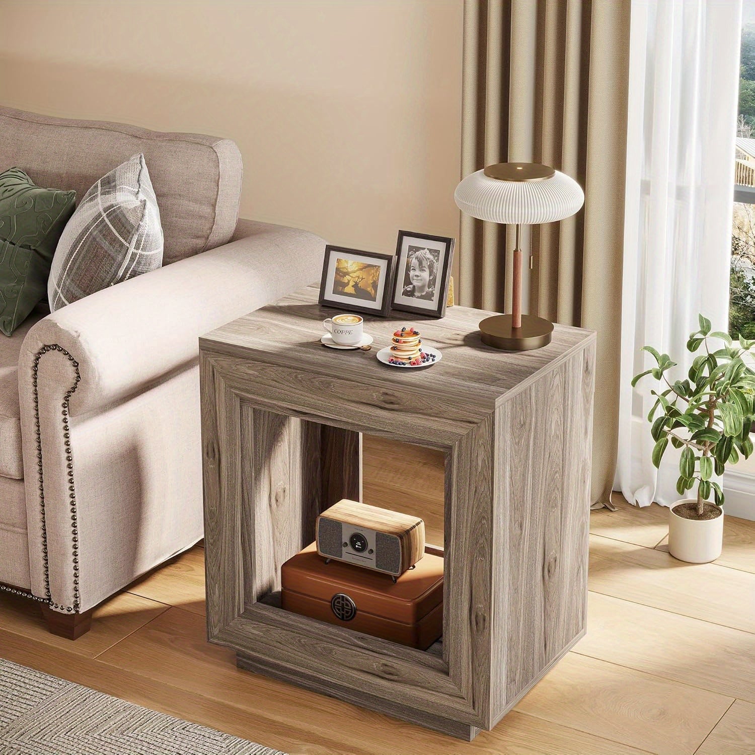 Charming 64cm Farmhouse End Table with Storage - Rustic Dark Wood Finish, 2-Tier Side Table for Living Room or Bedroom, Space-Saving Design with Ample Top Surface & Under-Table Shelf for Books and Decor, Compact Side Table|Rus