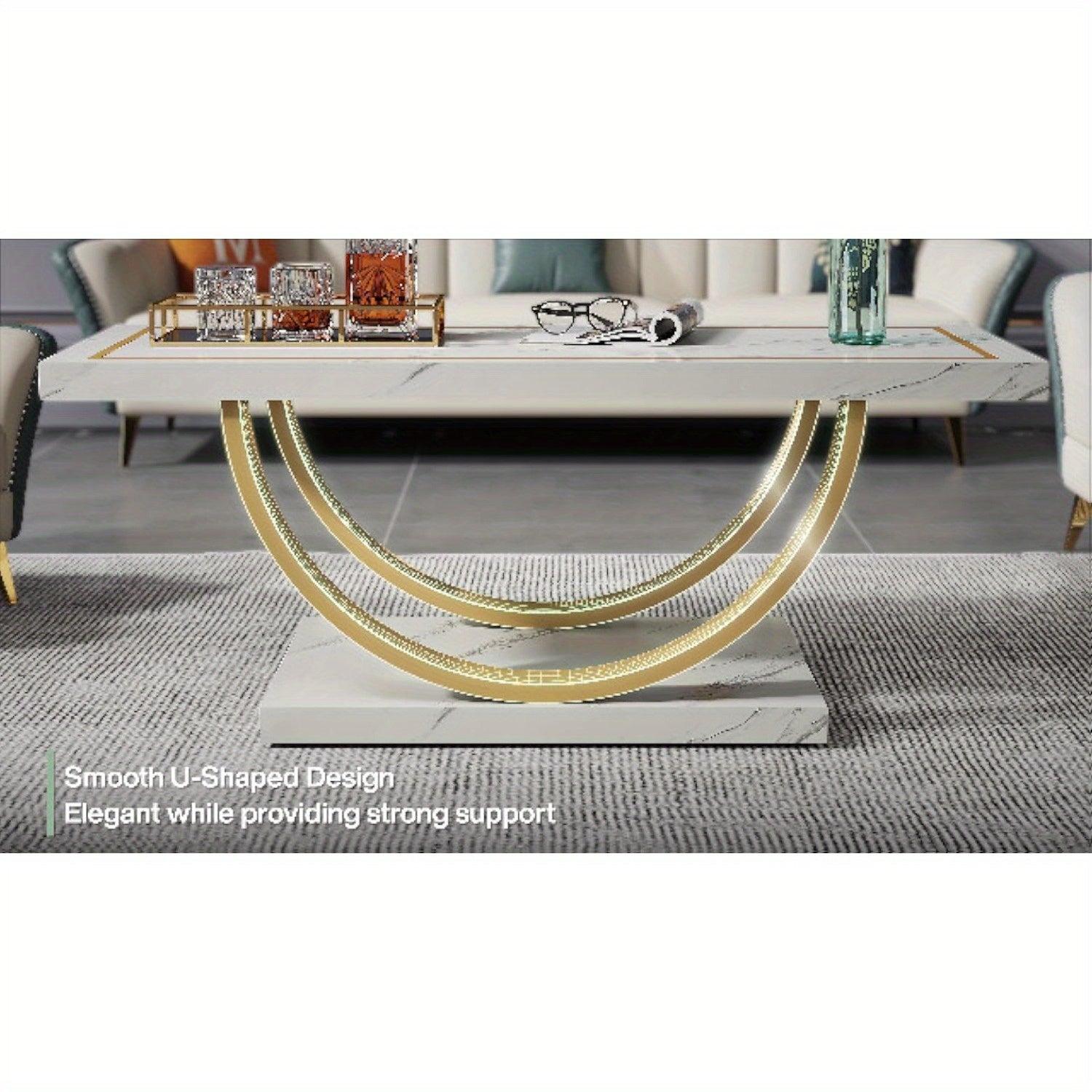 Modern Coffee Table White Gold Coffee Table Rectangle Coffee Table for Living Room, Christmas Renewal Engineered Wood Coffee Table with Faux Marble Veneer and Heavy Duty Metal Frame