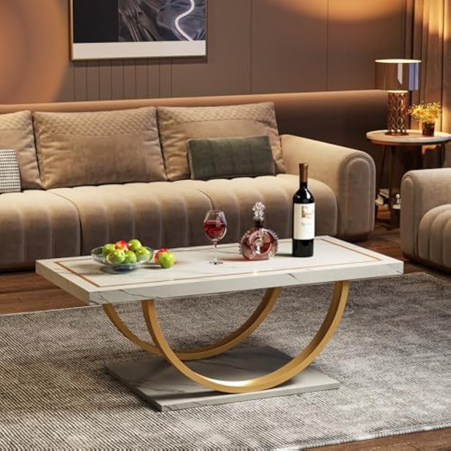 Modern Coffee Table White Gold Coffee Table Rectangle Coffee Table for Living Room, Christmas Renewal Engineered Wood Coffee Table with Faux Marble Veneer and Heavy Duty Metal Frame