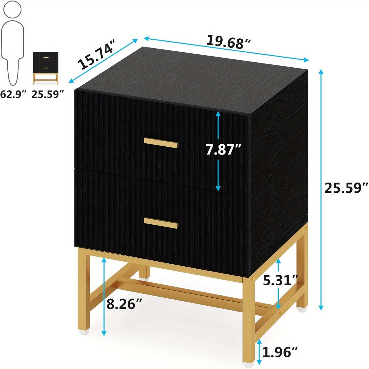 2-Drawer Nightstand, Modern Fluted Night Stands Bed Side Table with Storage, Wood End Table Christmas Renewal Accent Table for Bedroom, Living Room