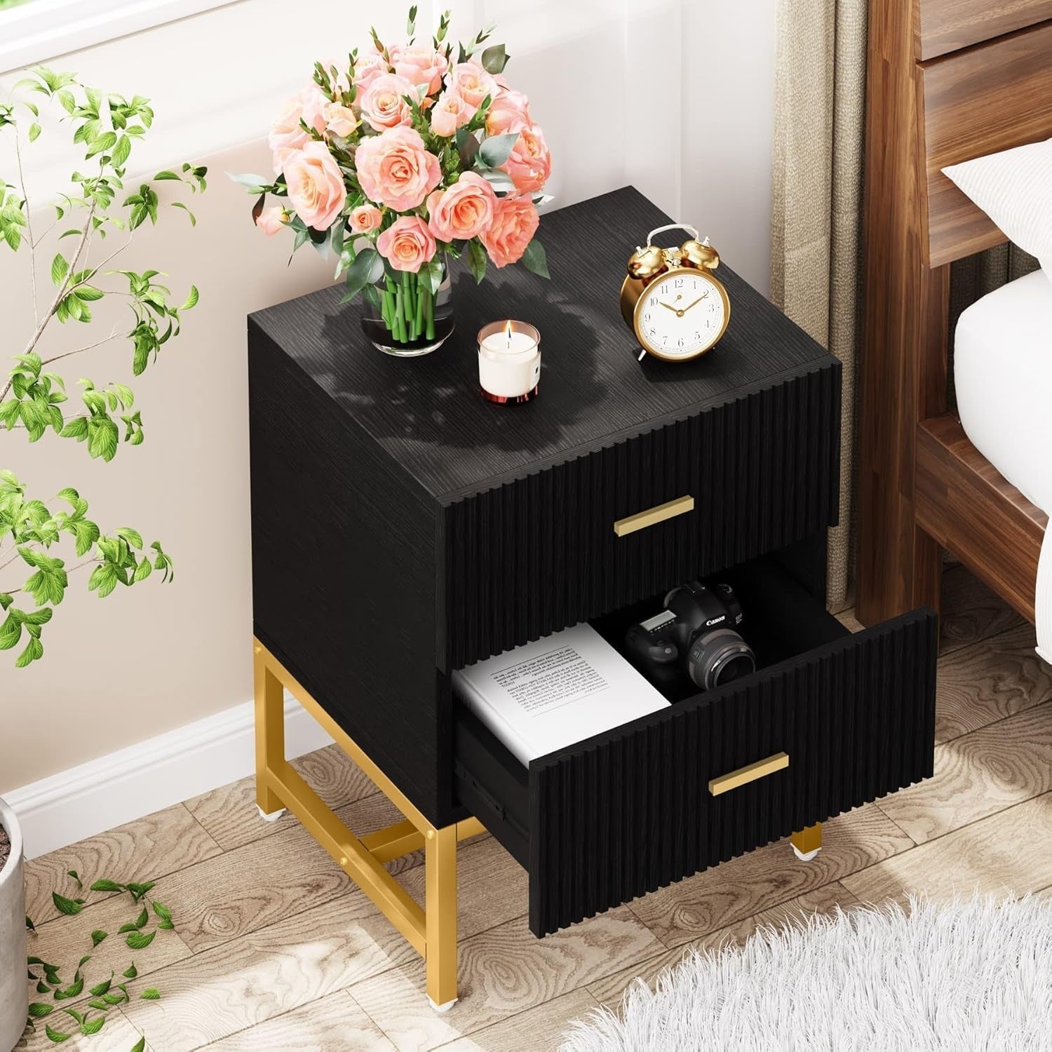 2-Drawer Nightstand, Modern Fluted Night Stands Bed Side Table with Storage, Wood End Table Christmas Renewal Accent Table for Bedroom, Living Room