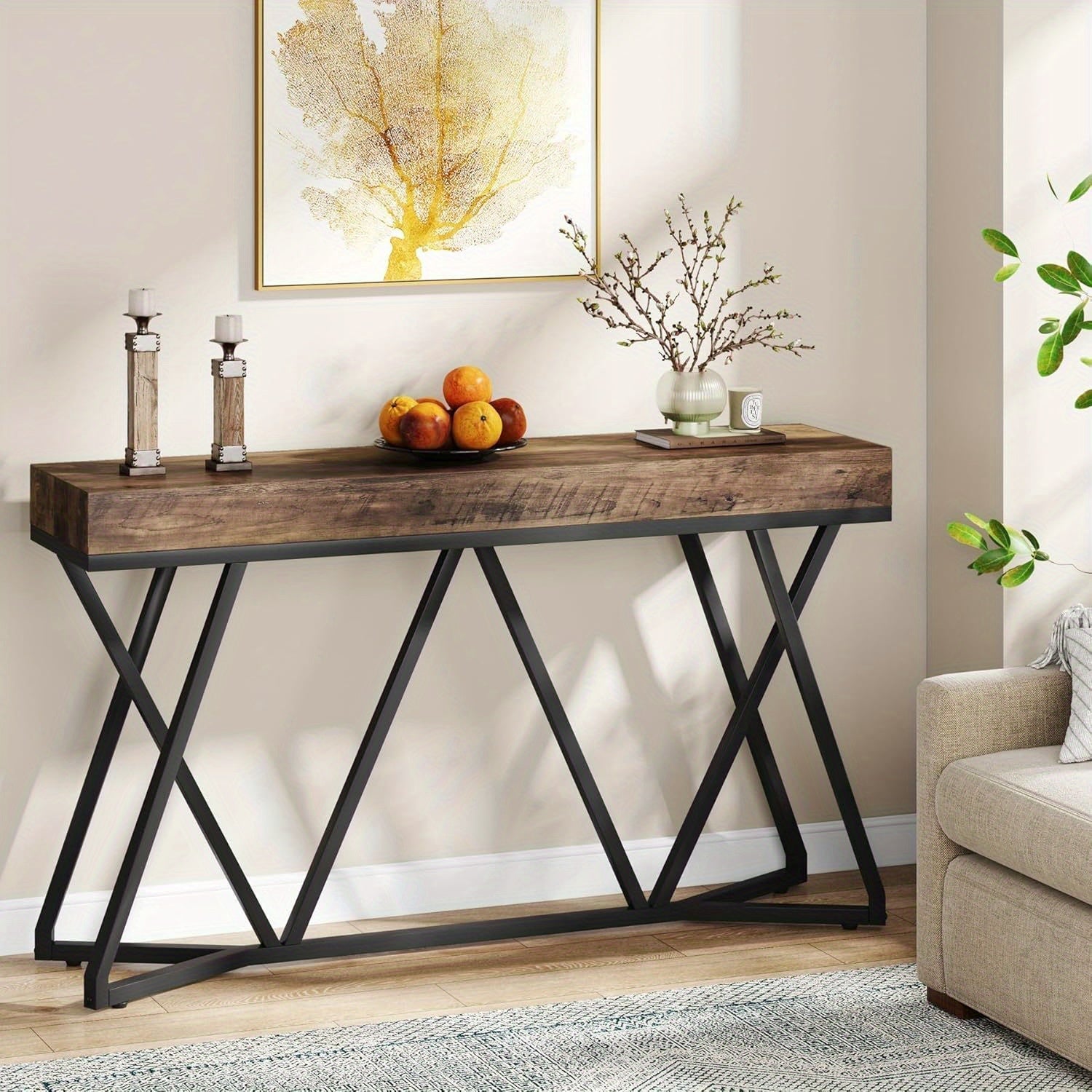 140 cm Console Table, Farmhouse Sofa Table, Wood Entryway Table with Unique Metal Base, Behind The Couch Table, Foyer Table, Modern Accent Table for Hallway, Living Room, Rustic Brown, Christmas Renewal