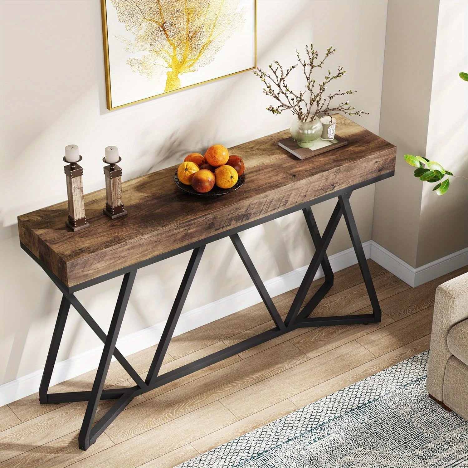 140 cm Console Table, Farmhouse Sofa Table, Wood Entryway Table with Unique Metal Base, Behind The Couch Table, Foyer Table, Modern Accent Table for Hallway, Living Room, Rustic Brown, Christmas Renewal