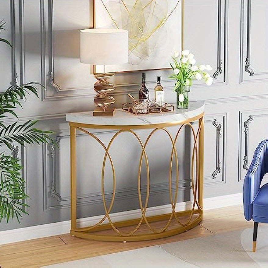 Gold Console Table, 109 cm Modern Faux Marble Entryway Table, Narrow Semi Circle Sofa Accent Table with Geometric Metal Frame for Living Room, Hallway, Christmas Renewal