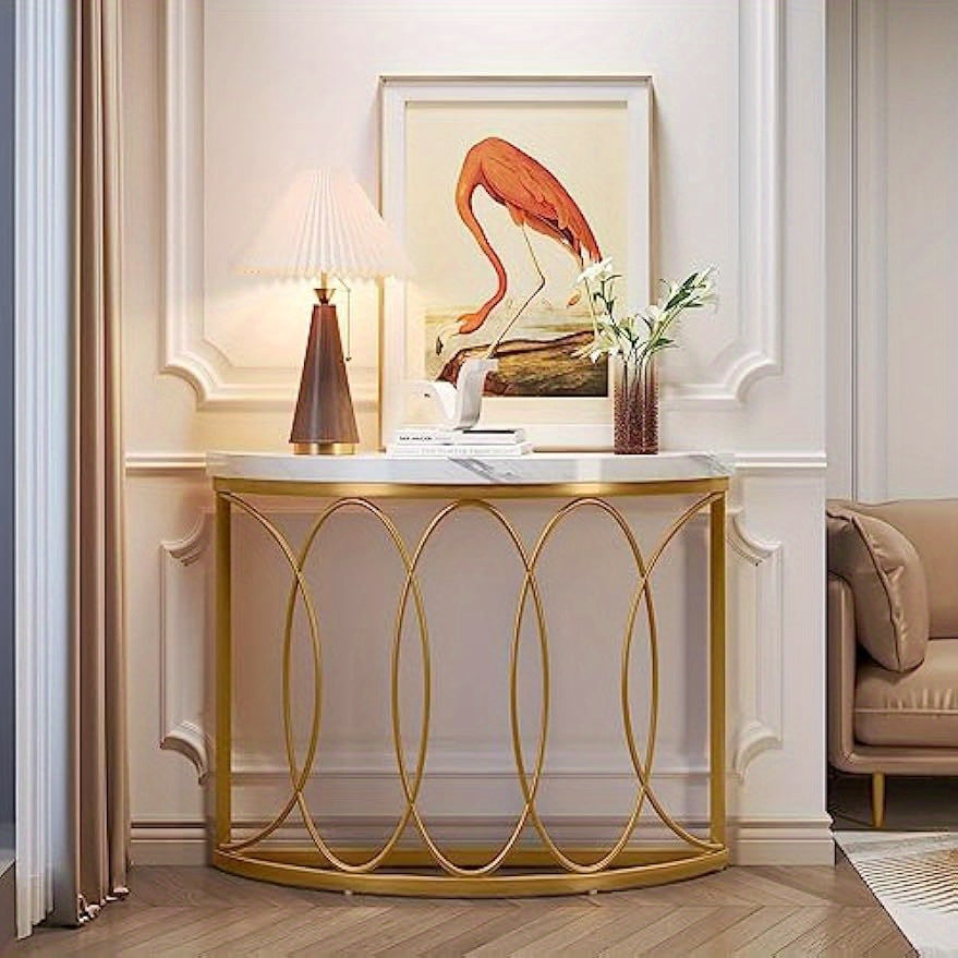 Gold Console Table, 109 cm Modern Faux Marble Entryway Table, Narrow Semi Circle Sofa Accent Table with Geometric Metal Frame for Living Room, Hallway, Christmas Renewal