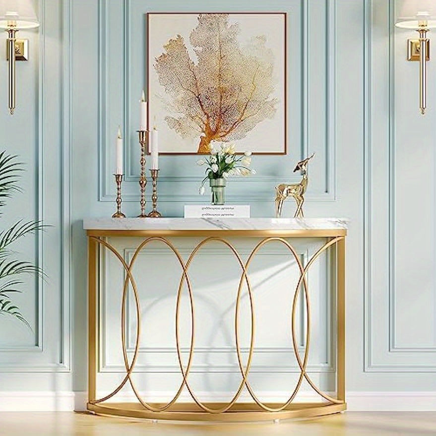 Gold Console Table, 109 cm Modern Faux Marble Entryway Table, Narrow Semi Circle Sofa Accent Table with Geometric Metal Frame for Living Room, Hallway, Christmas Renewal