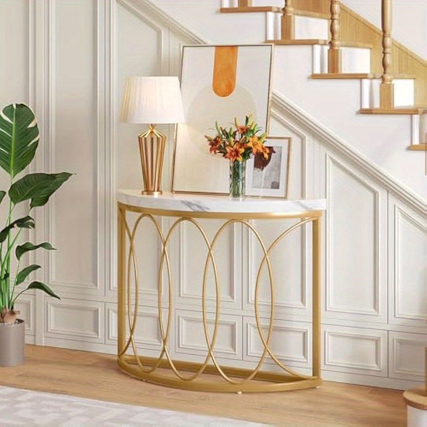 Gold Console Table, 109 cm Modern Faux Marble Entryway Table, Narrow Semi Circle Sofa Accent Table with Geometric Metal Frame for Living Room, Hallway, Christmas Renewal