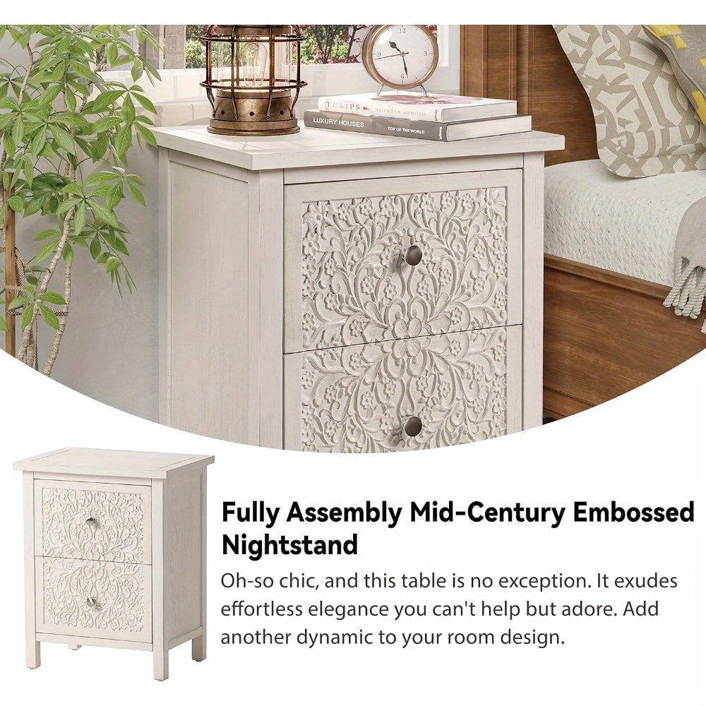 Farmhouse Fully-Assembled Nightstand with 2-Drawer, 3-Drawer, Flower Motif End Table for Small Spaces, French Country, Modern, Distressed Finish, White, Black