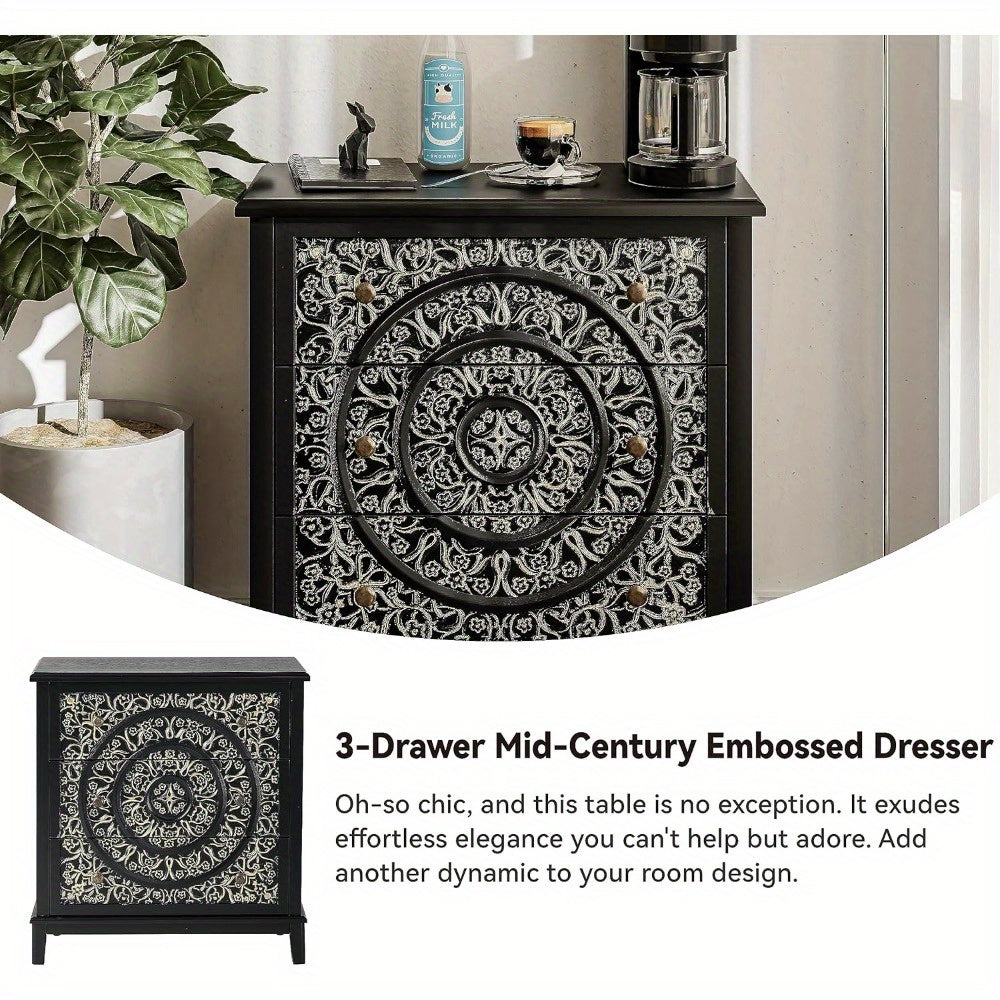 Farmhouse Fully-Assembled Nightstand with 2-Drawer, 3-Drawer, Flower Motif End Table for Small Spaces, French Country, Modern, Distressed Finish, White, Black