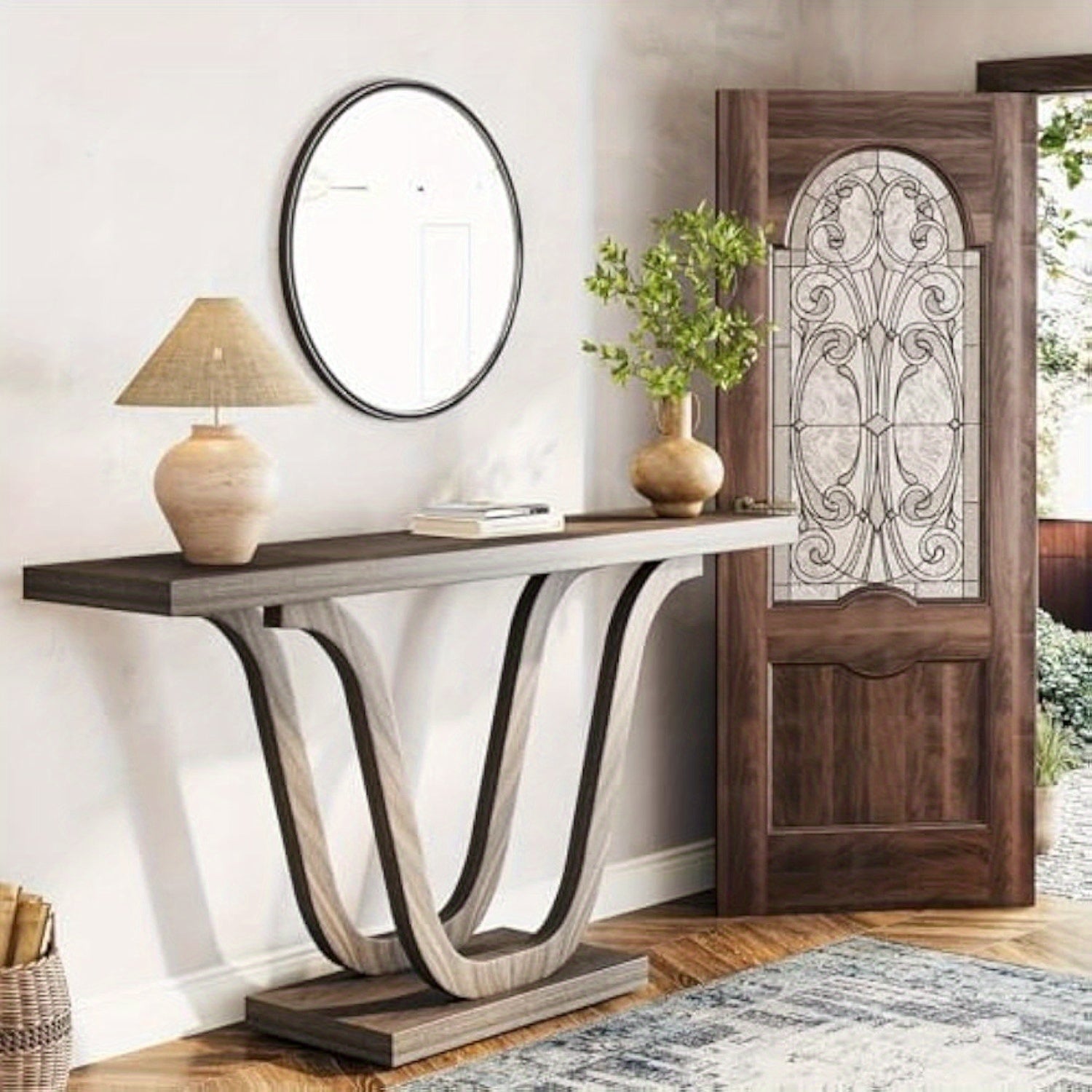 Farmhouse Console Table, Wood Entryway Table, Narrow Hallway Table, Behind Couch Table Foyer Table with Double U-Shaped Legs for Entryway, Living Room, Corridor, Christmas Renewal (in cm)