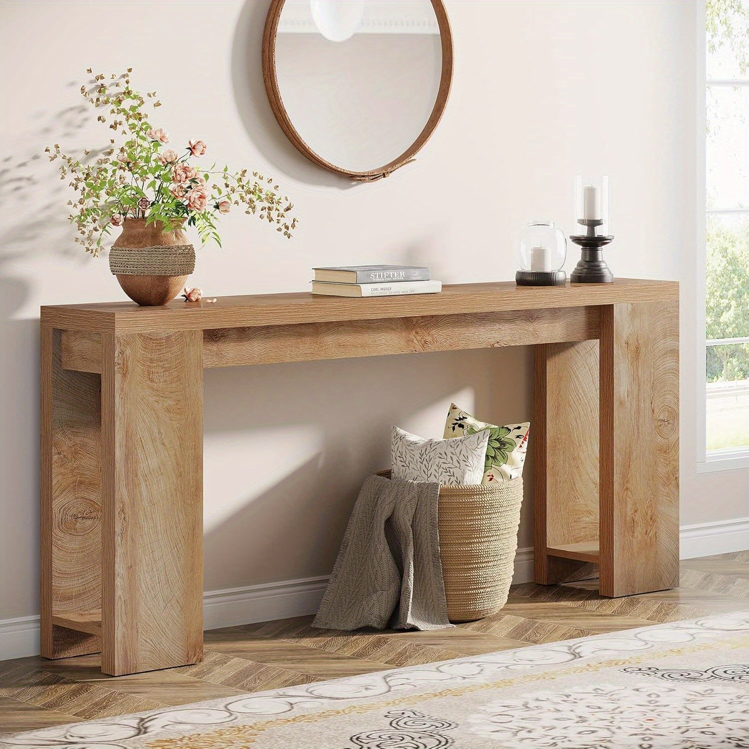 Chic 180 cm Light Oak Brown Console Table - Modern Farmhouse Style, Space-Saving Design with Ample Storage & Display Space for Entryway, Living Room, Hallway - Features Natural Wood Grain & Minimalist Elegance, Home Decor