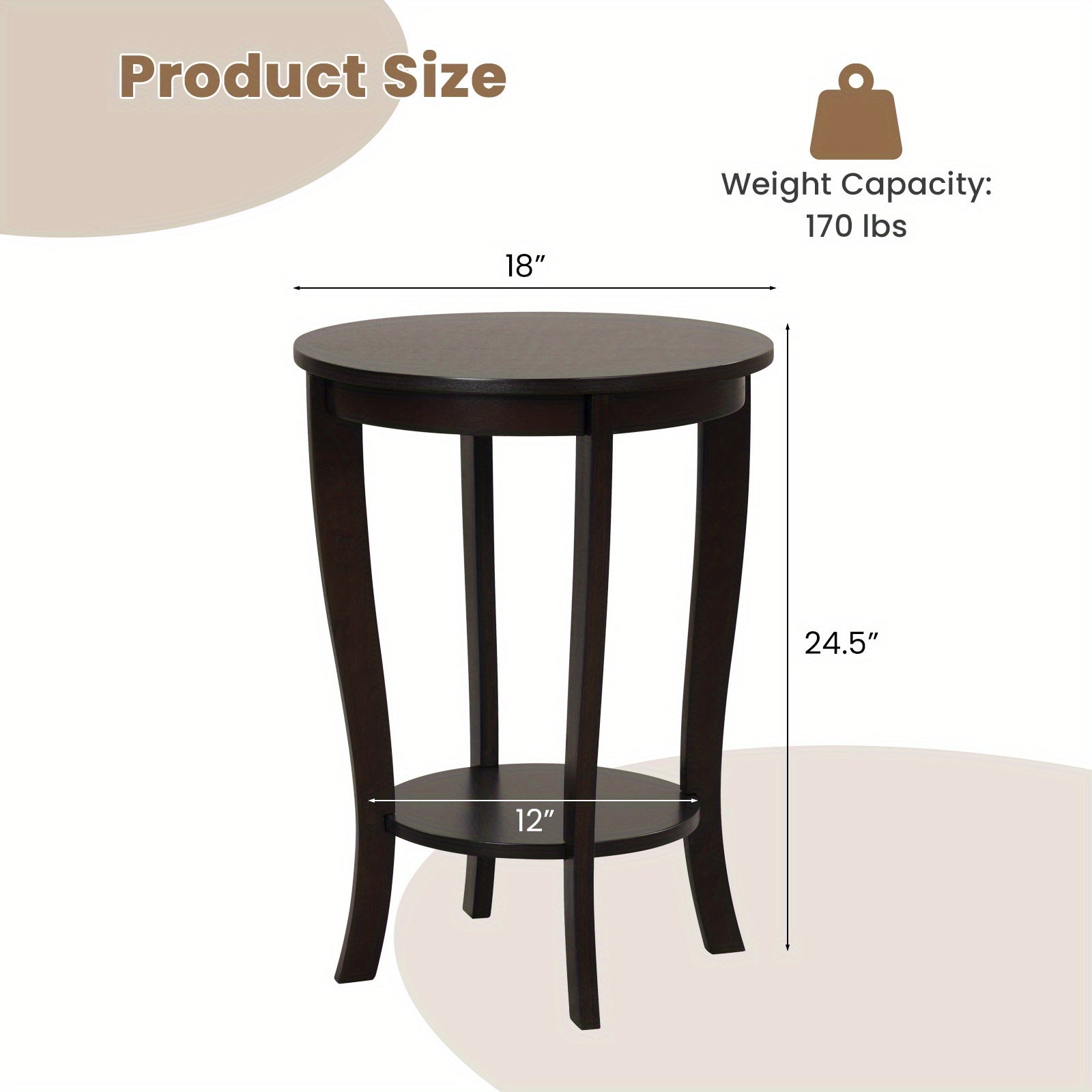 2-tier Round End Table, 45cm Sofa Side Table with Storage Shelf, Floor Tea Table with Solid Wood Legs, Compact Nightstand for Small Space, Living Room, Bedroom, Espresso