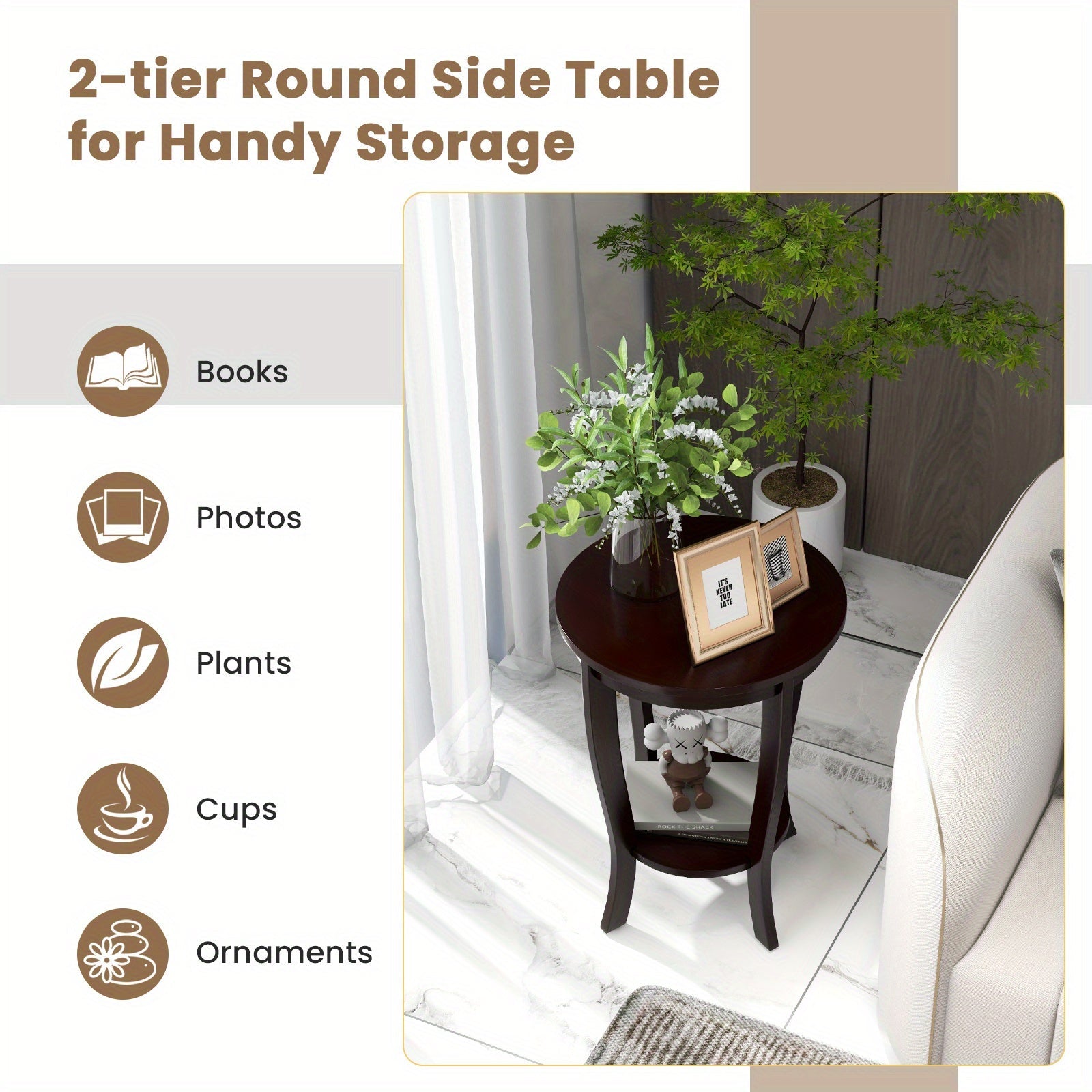 2-tier Round End Table, 45cm Sofa Side Table with Storage Shelf, Floor Tea Table with Solid Wood Legs, Compact Nightstand for Small Space, Living Room, Bedroom, Espresso